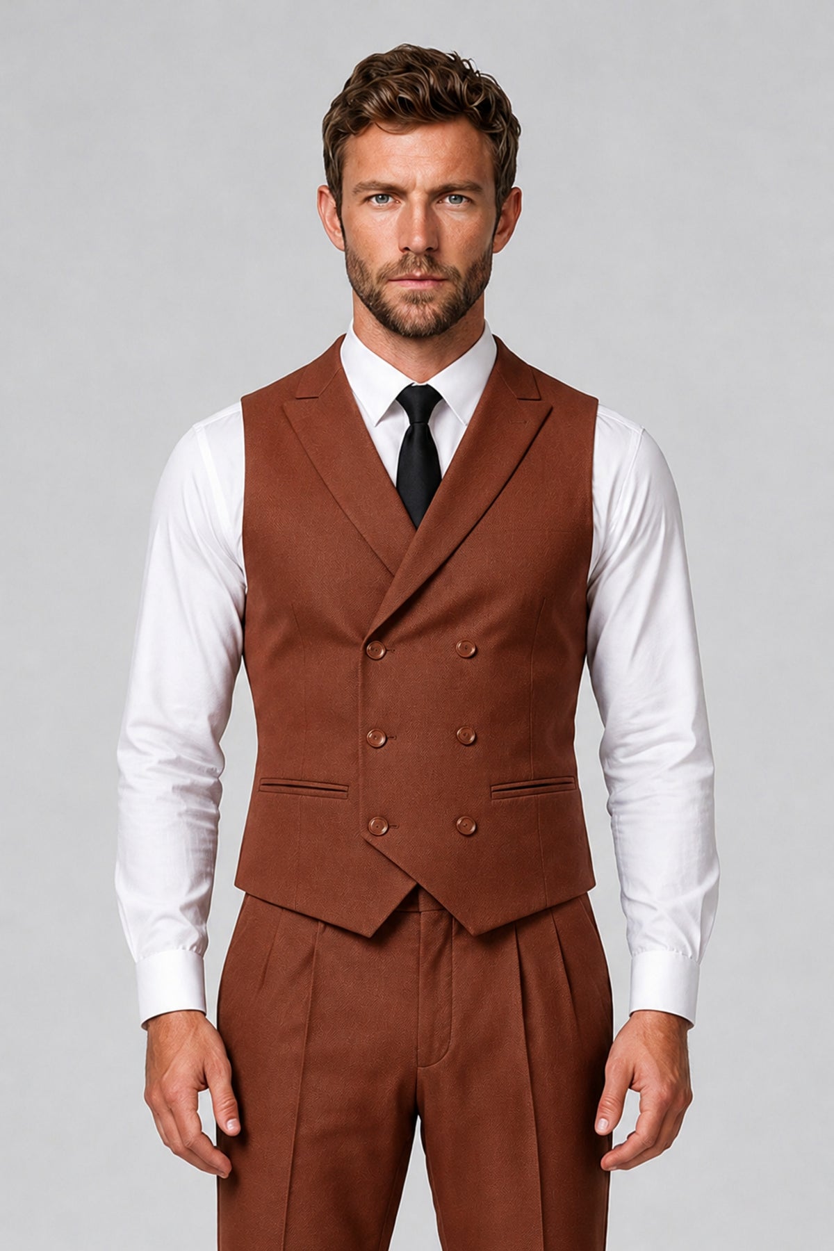 Bolodoo Men's Rust Double-Breasted Vest and Pants 2-Piece Suit - Rust - Rust_1