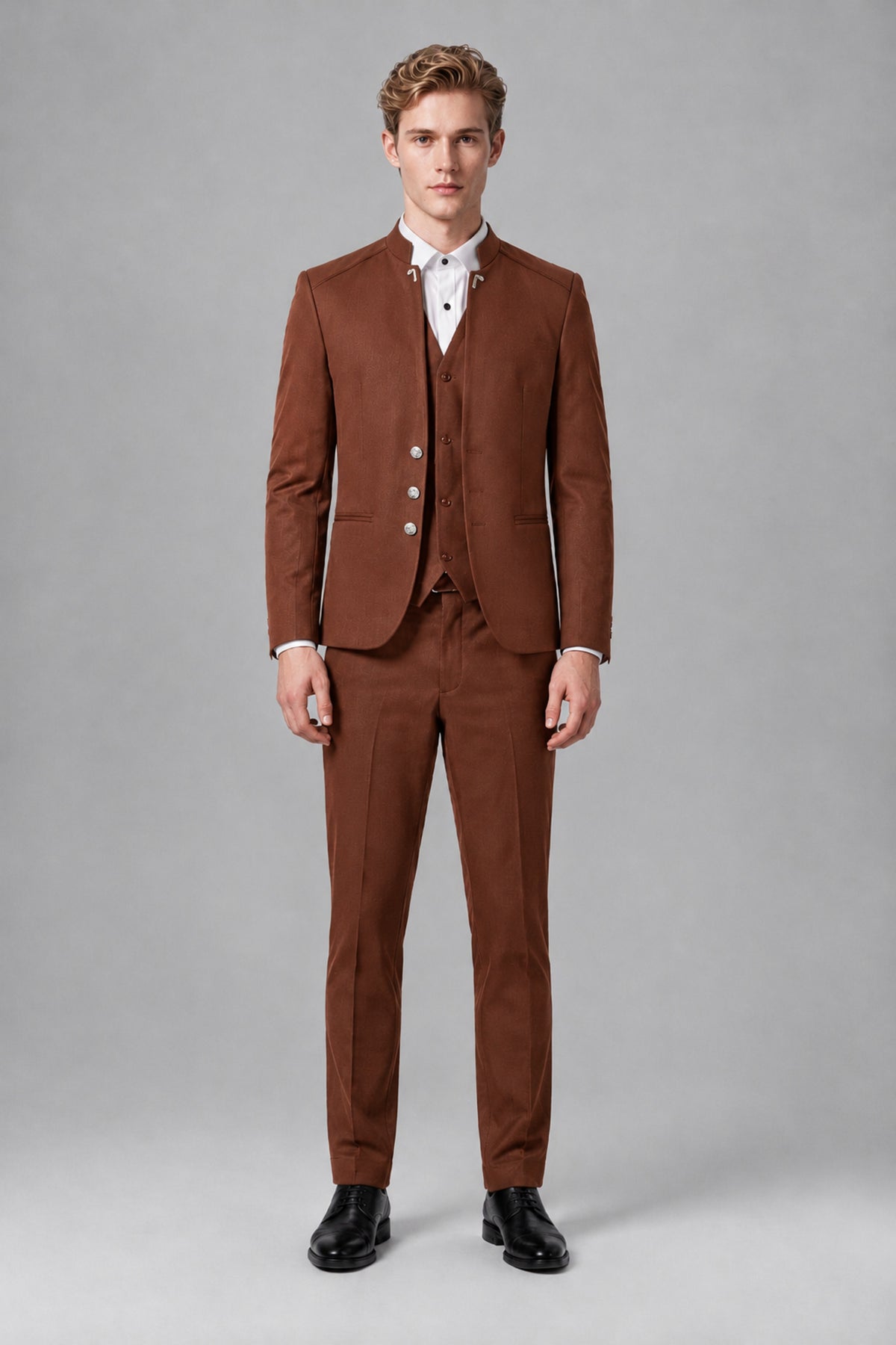 Bolodoo Men's Rust Mandarin Collar 3-Piece Suit – Jacket, Vest & Trousers - Rust - Rust_2