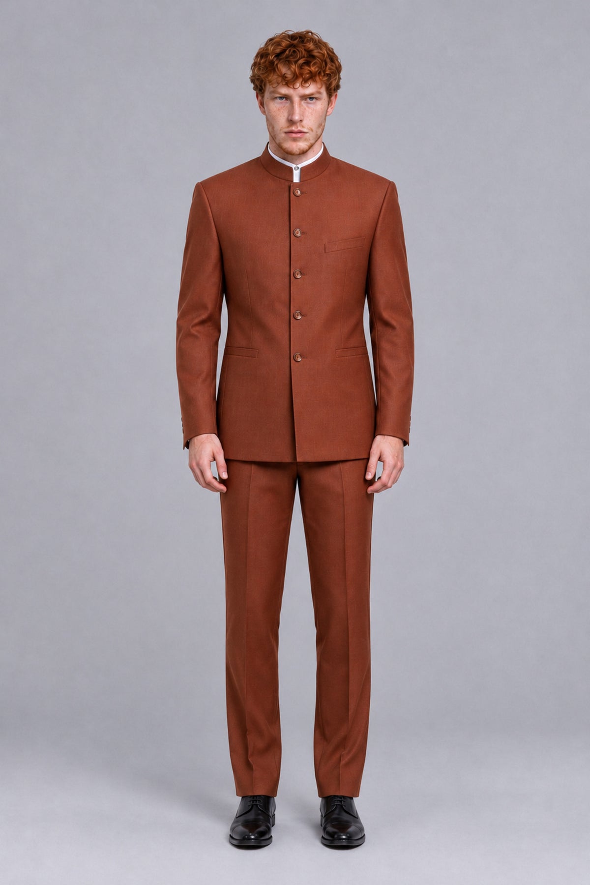 BOLODOO Men's Rust Mandarin Collar Two-Piece Suit - Rust - Rust_2