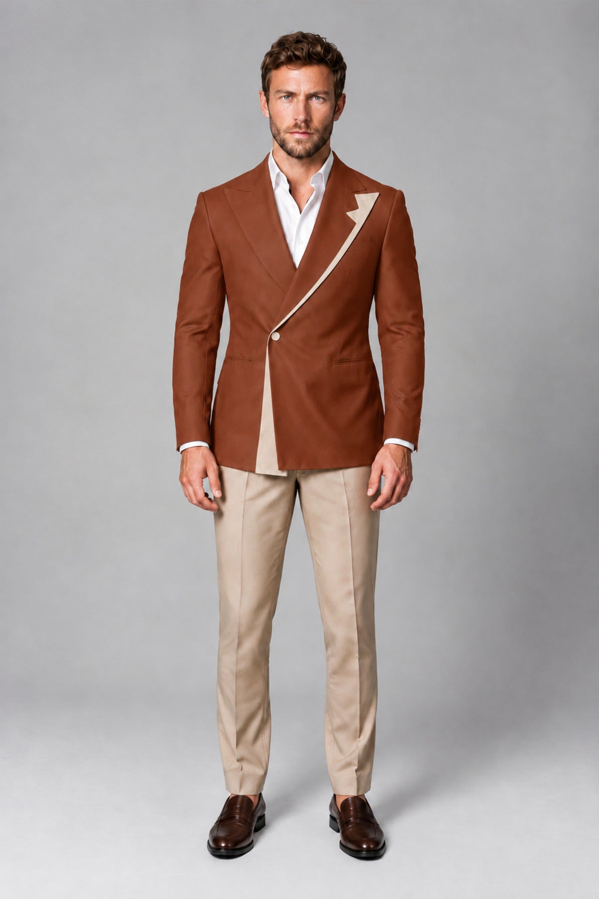 BOLODOO Men's Rust Double-Breasted Blazer & Khaki Trousers Tuxedo 2-Piece Suit Set - Rust - Rust_2