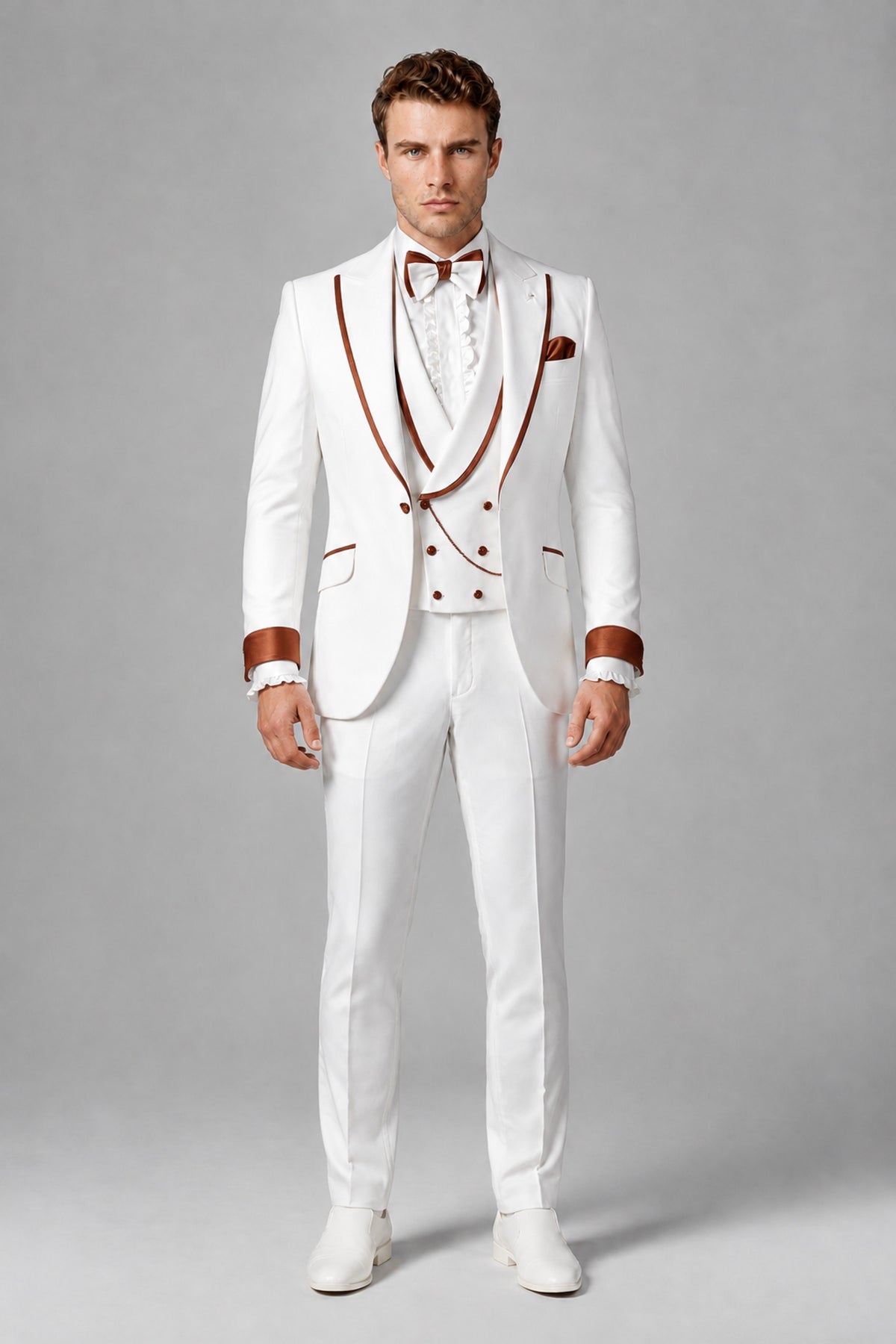 Bolodoo Men's White and Rust Three-Piece Wedding Tuxedo Suit - Rust - Rust_2