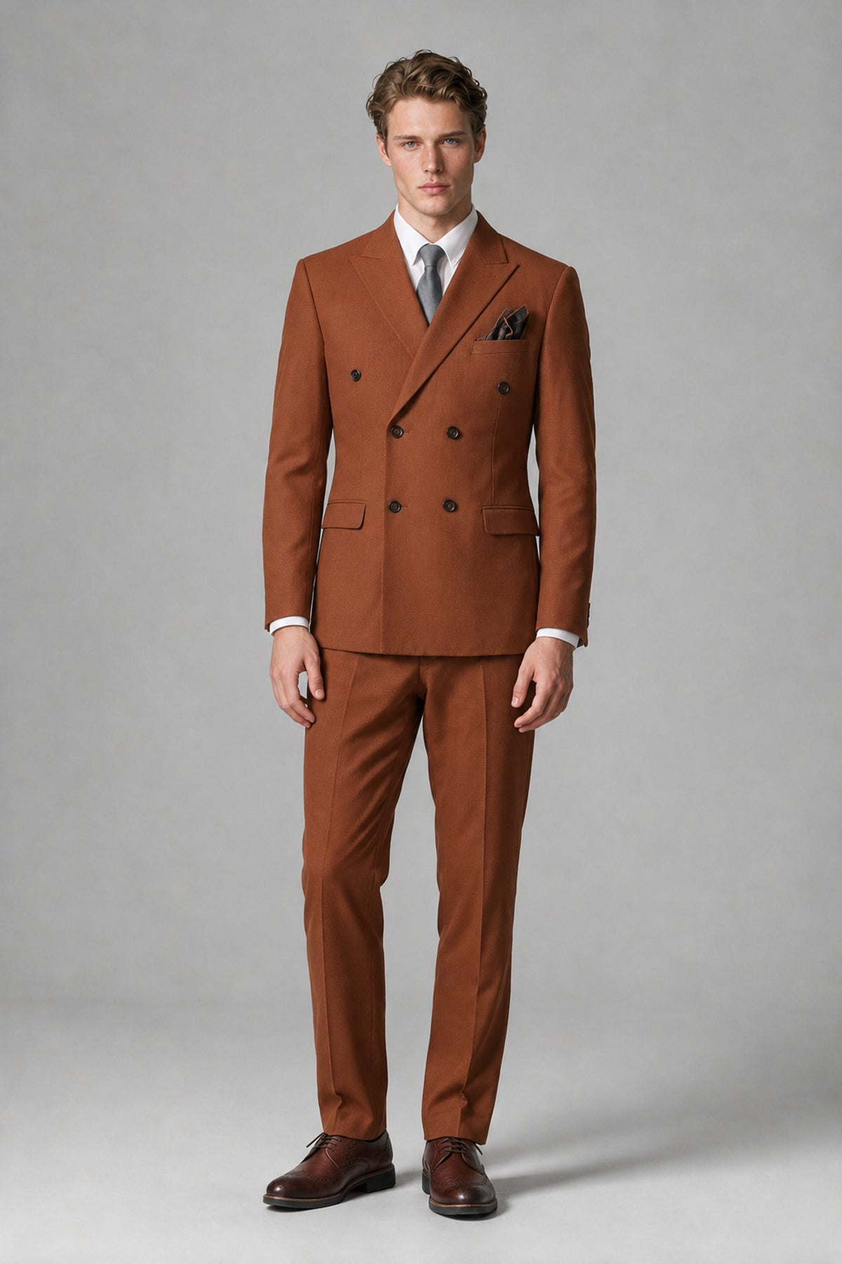 Bolodoo Men's Rust Double-Breasted Two-Piece Suit with Peak Lapels - Rust - Rust_2