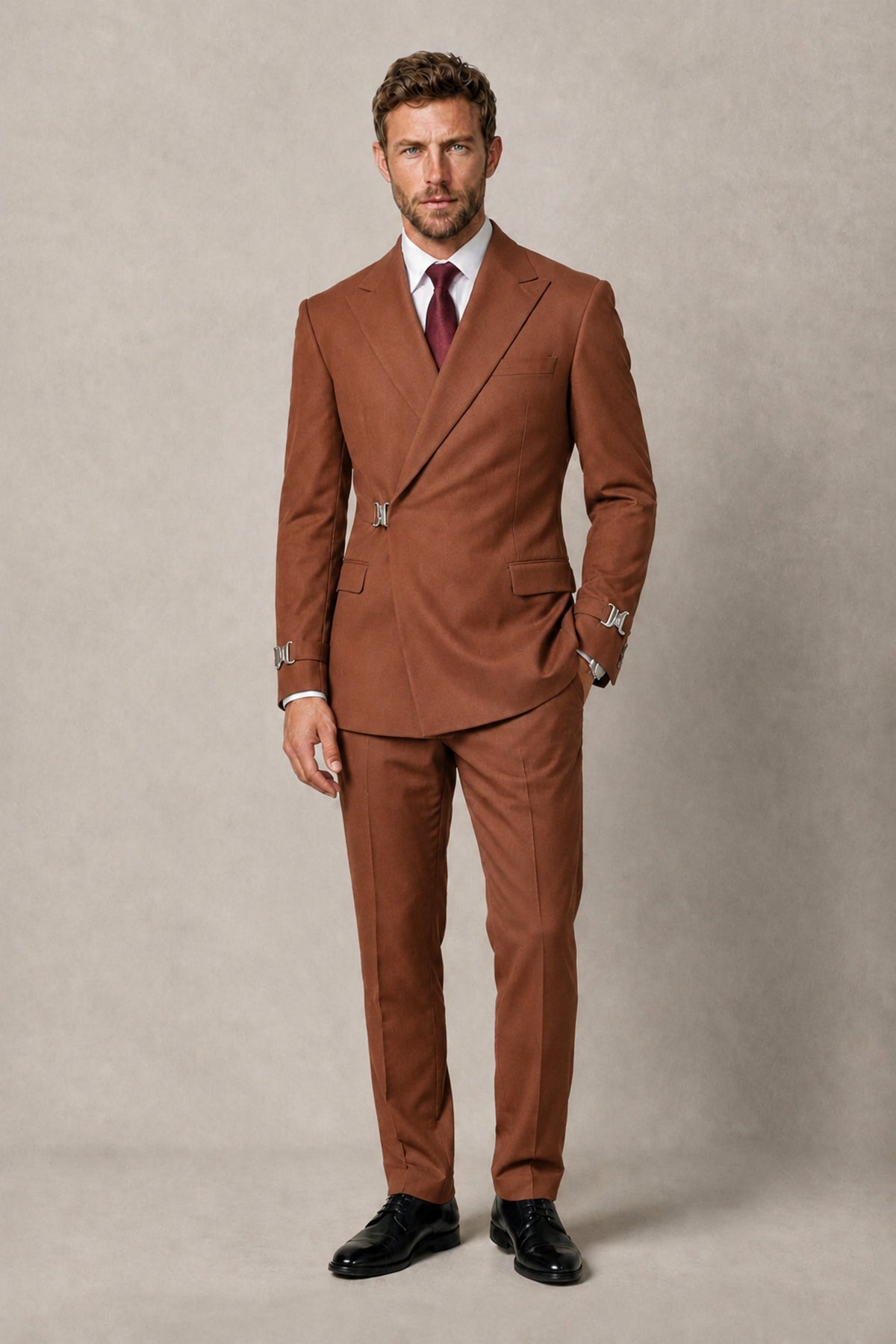 BOLODOO Men's Rust Double-Breasted 2-Piece Suit Set – Blazer & Tailored Trousers - Rust