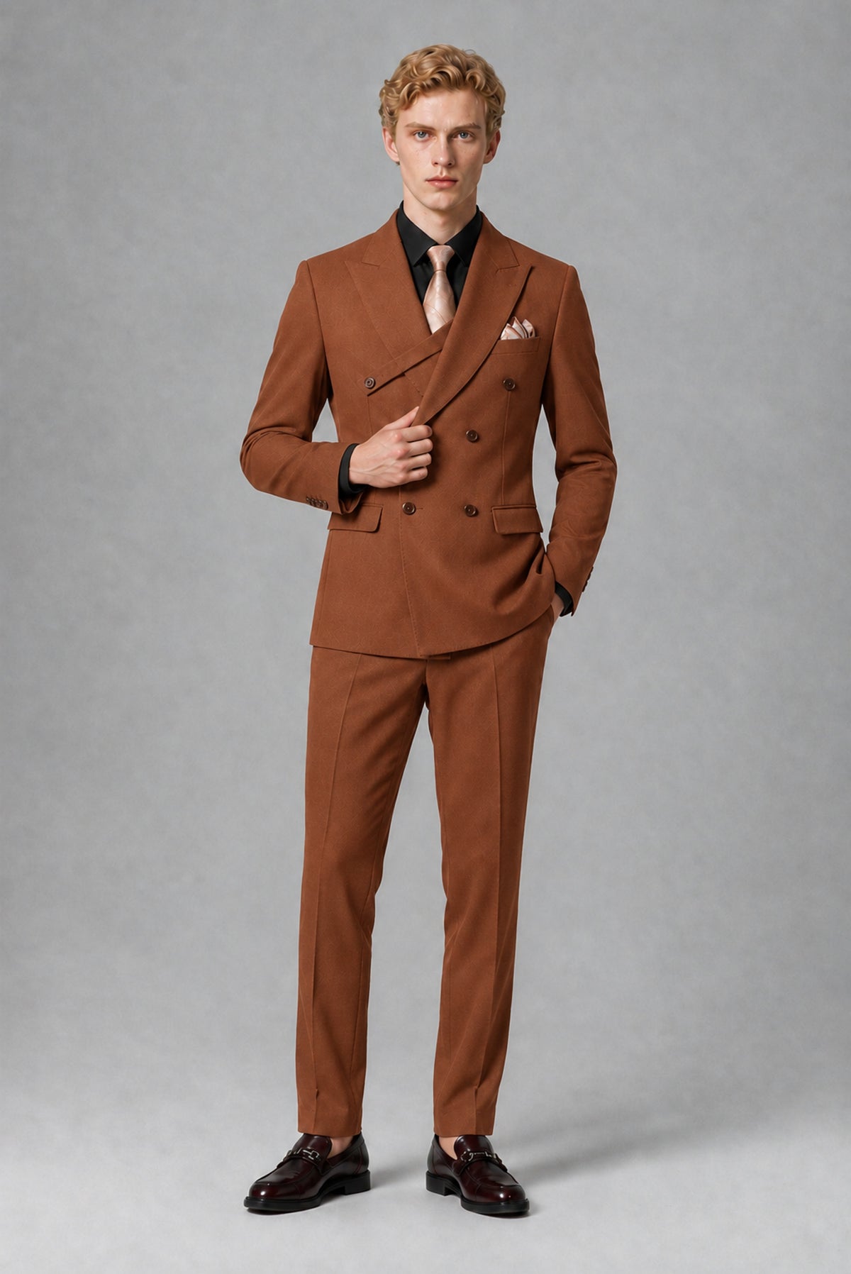 BOLODOO Men's Rust Double-Breasted Two-Piece Suit – Jacket & Trousers - Rust