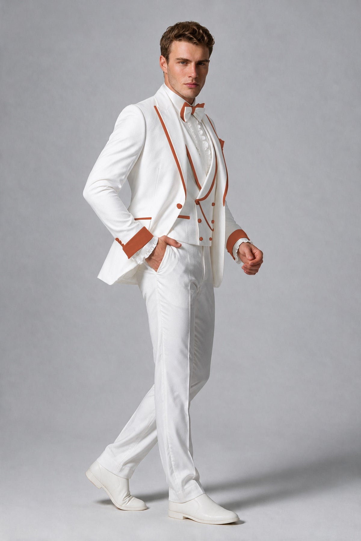Bolodoo Men's White and Rust Three-Piece Wedding Tuxedo Suit - Rust - Rust_4