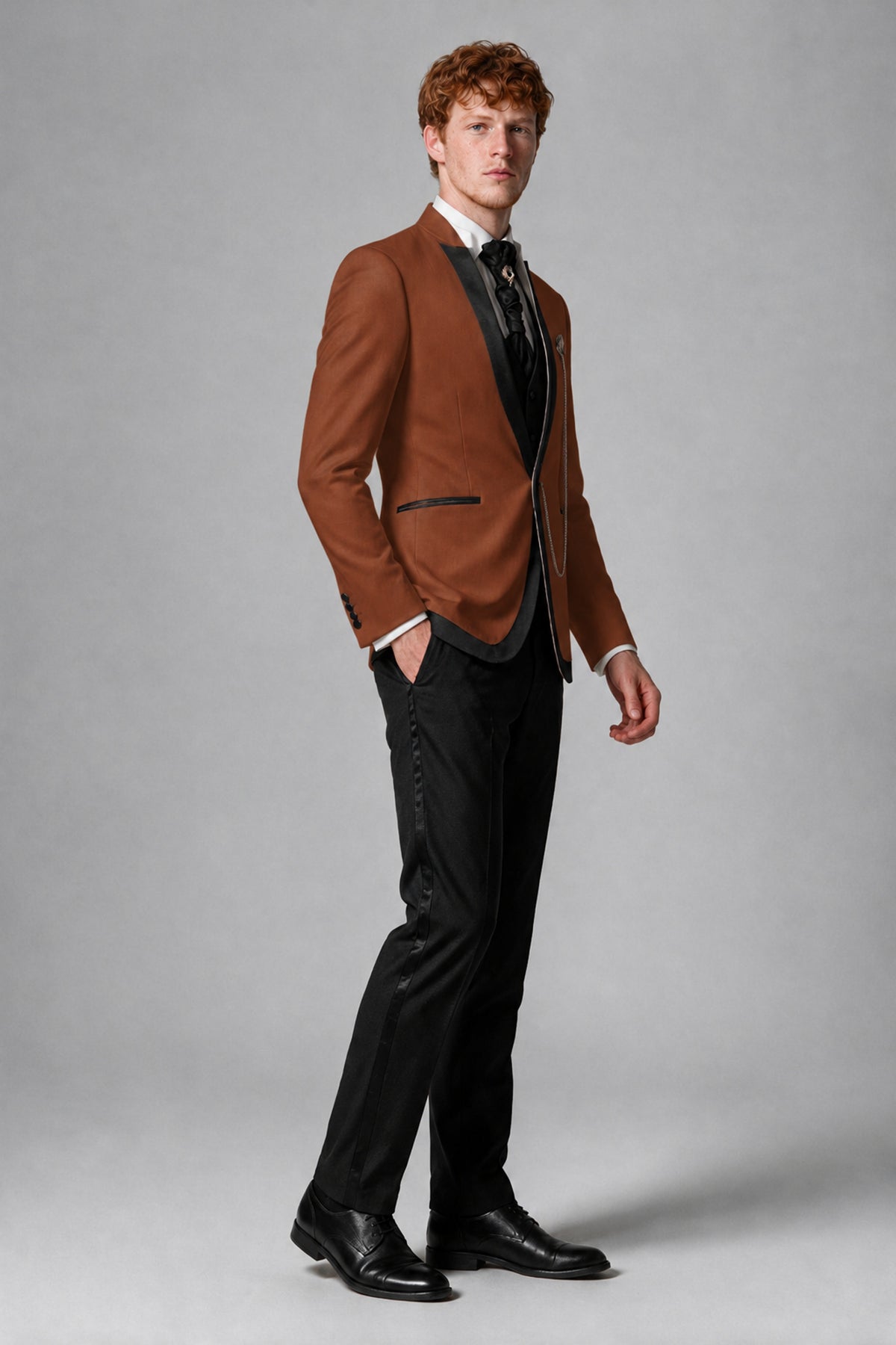 Bolodoo Men's Rust 3-Piece Shawl Lapel Tuxedo Suit with Vest - Rust - Rust_4