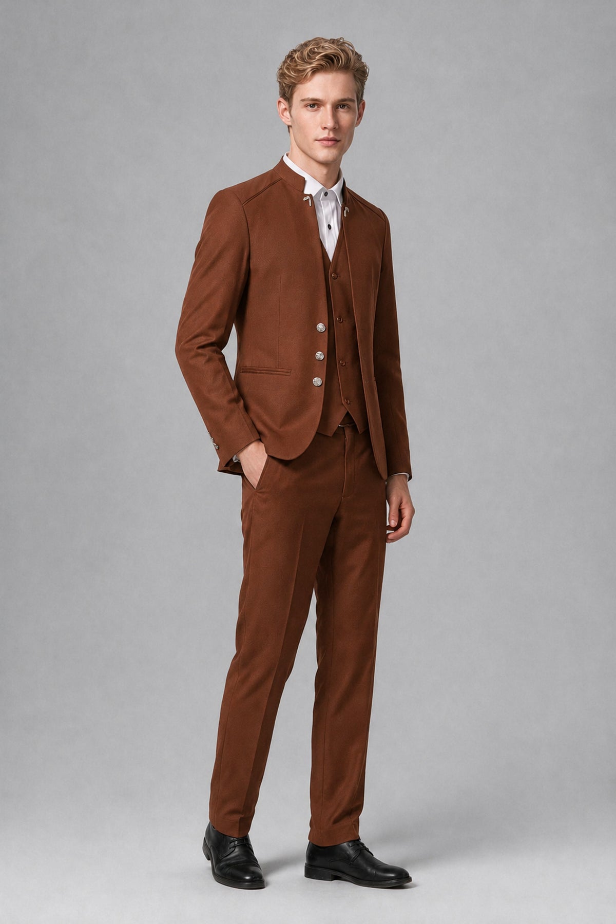 Bolodoo Men's Rust Mandarin Collar 3-Piece Suit – Jacket, Vest & Trousers - Rust - Rust_4