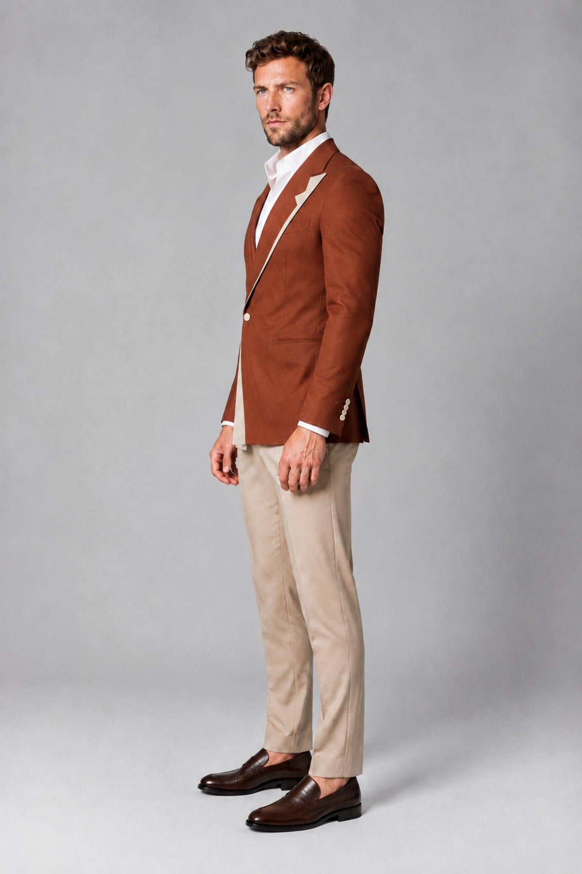 BOLODOO Men's Rust Double-Breasted Blazer & Khaki Trousers Tuxedo 2-Piece Suit Set - Rust - Rust_4