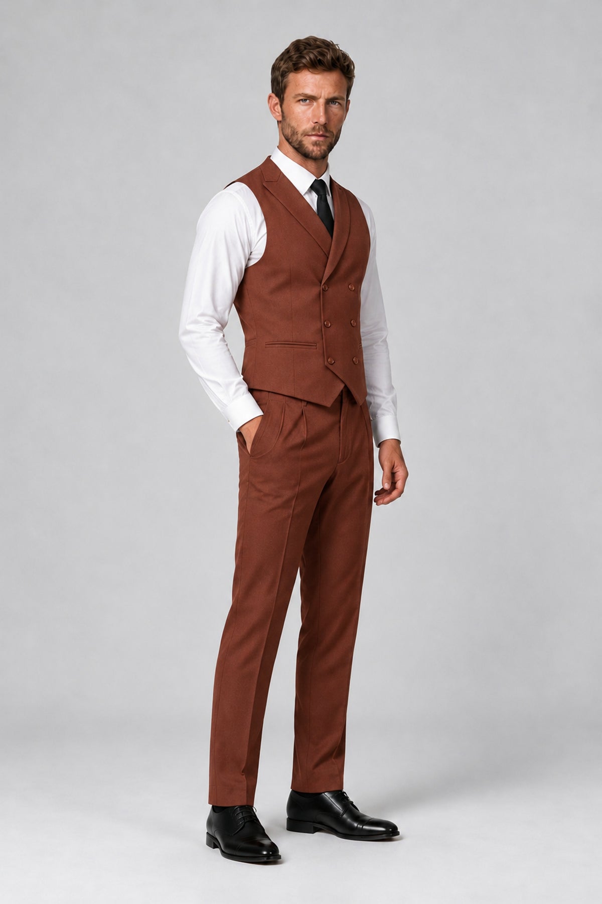 Bolodoo Men's Rust Double-Breasted Vest and Pants 2-Piece Suit - Rust - Rust_4