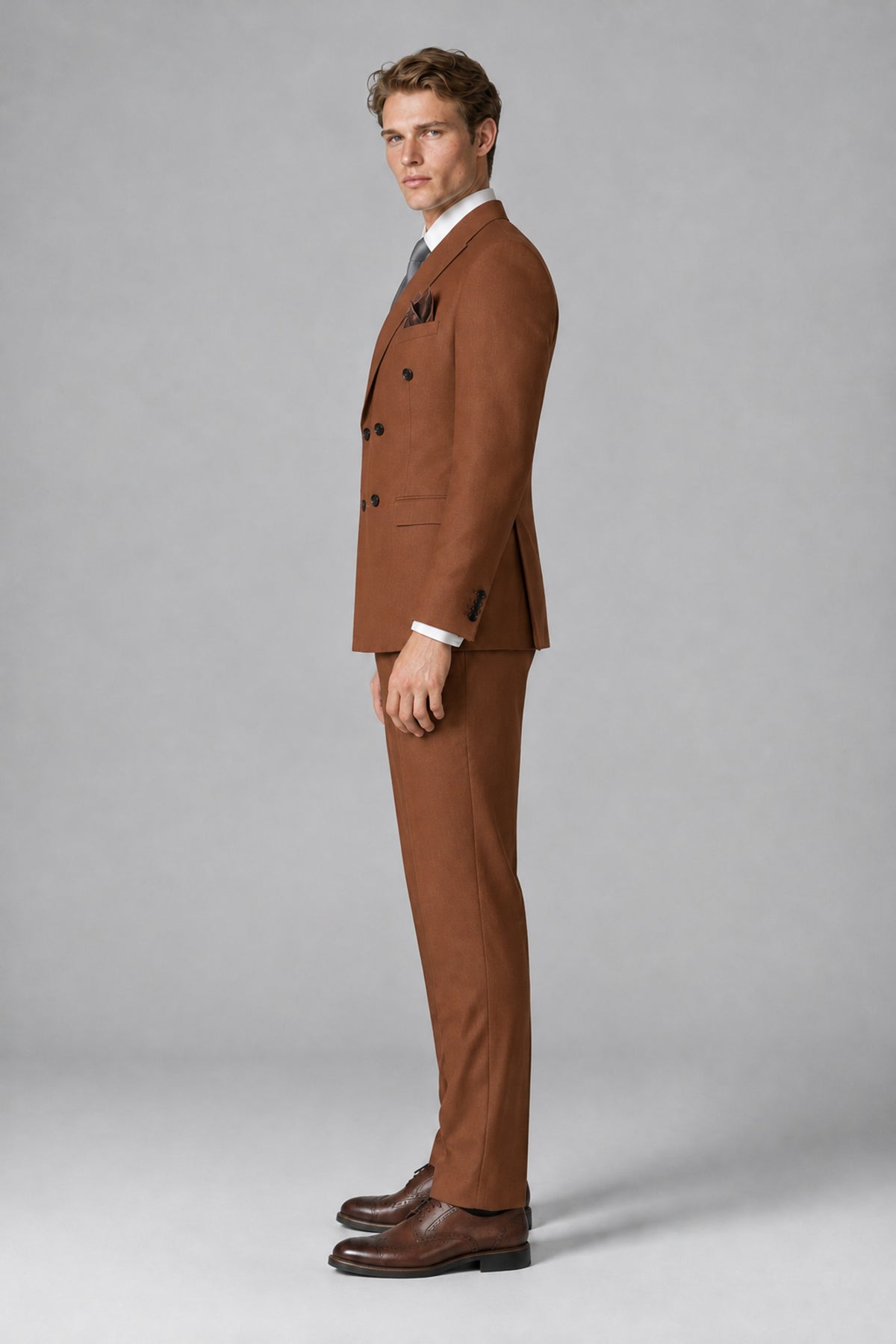 Bolodoo Men's Rust Double-Breasted Two-Piece Suit with Peak Lapels - Rust - Rust_4