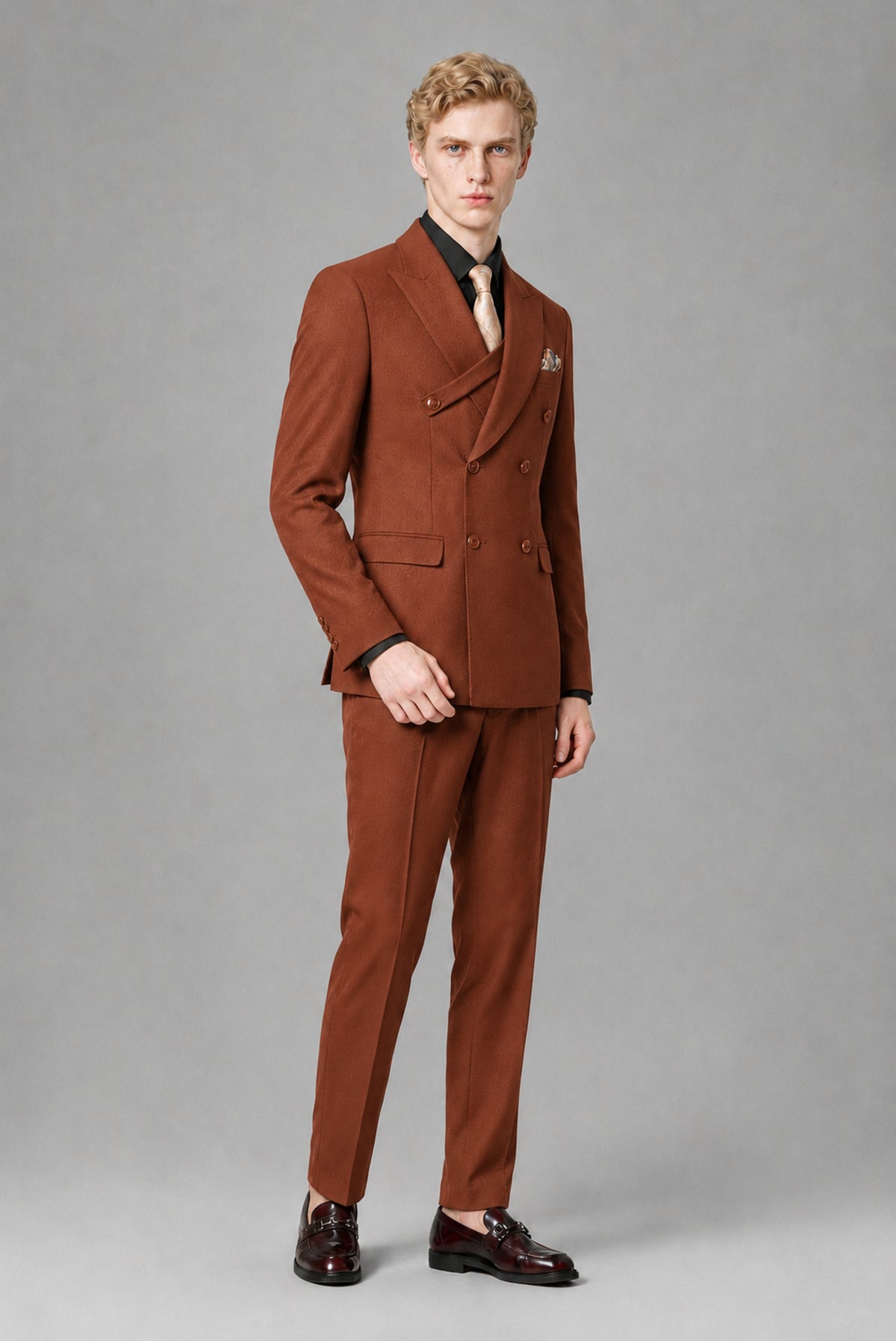 BOLODOO Men's Rust Double-Breasted Two-Piece Suit – Jacket & Trousers - Rust