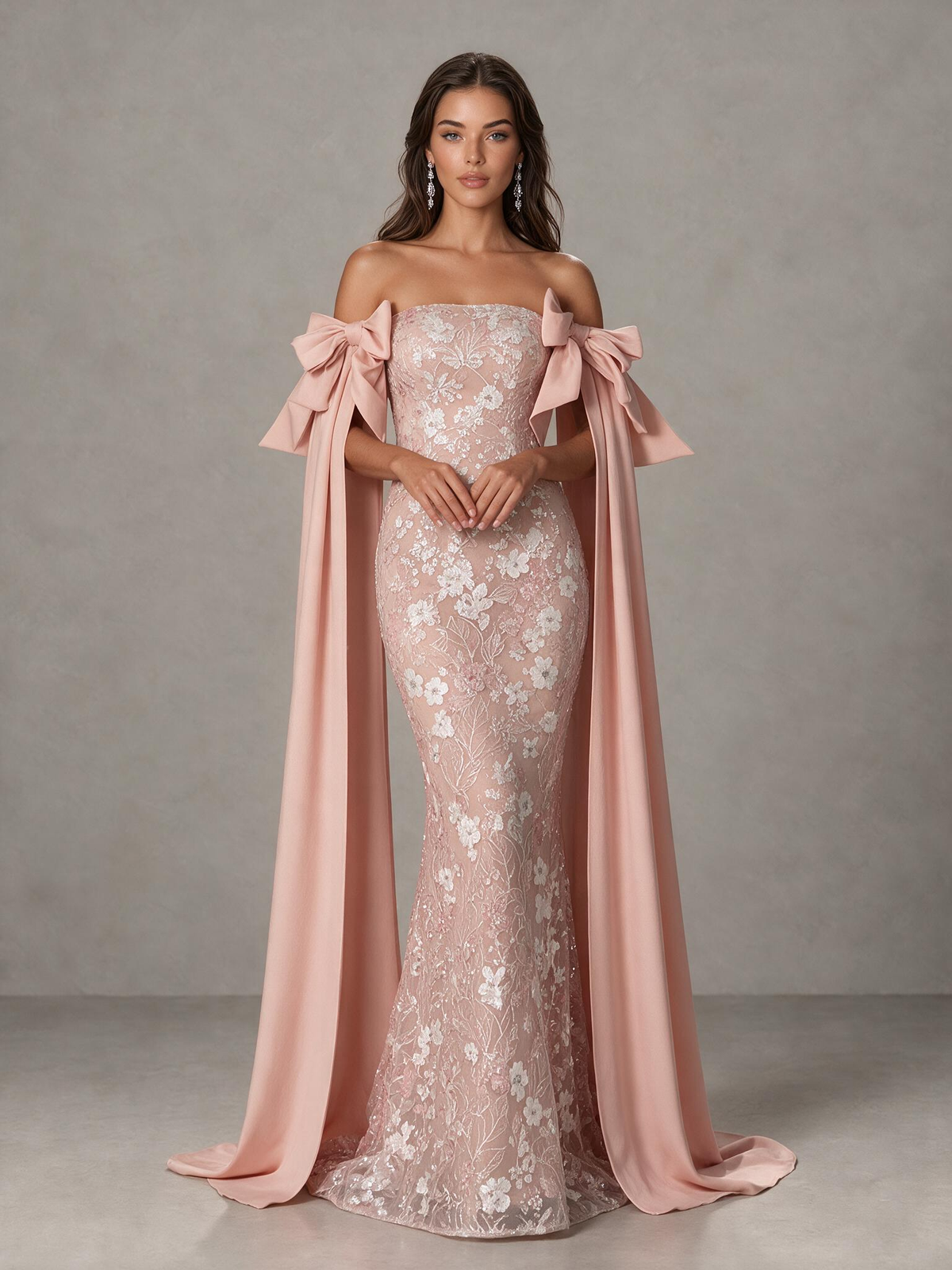 BOLODOO Blush Pink Floral Lace Mermaid Prom Dress with Off-Shoulder Bows 