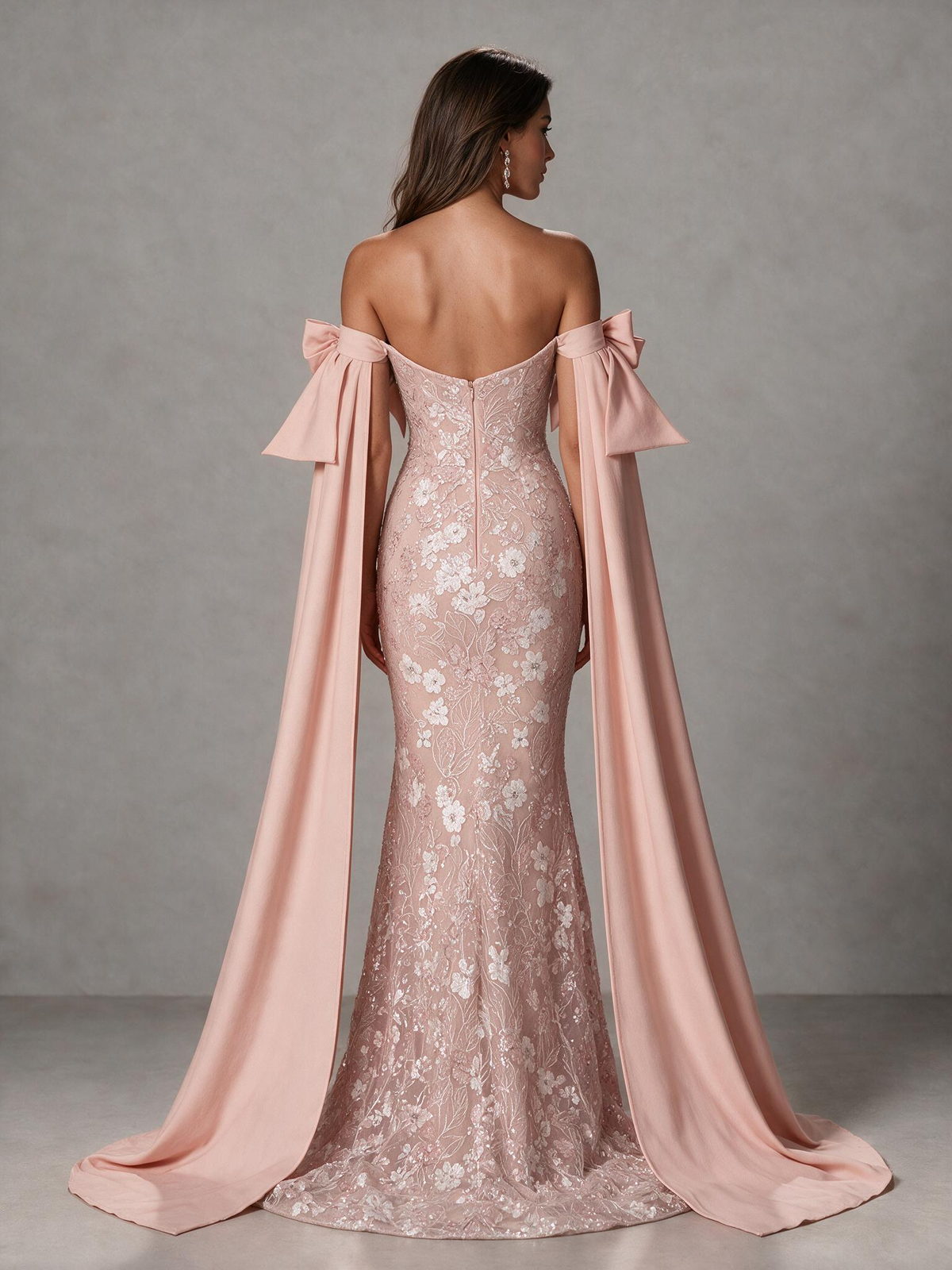 BOLODOO Blush Pink Floral Lace Mermaid Prom Dress with Off-Shoulder Bows 