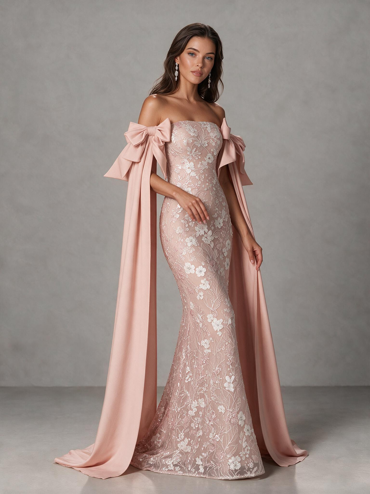 BOLODOO Blush Pink Floral Lace Mermaid Prom Dress with Off-Shoulder Bows 