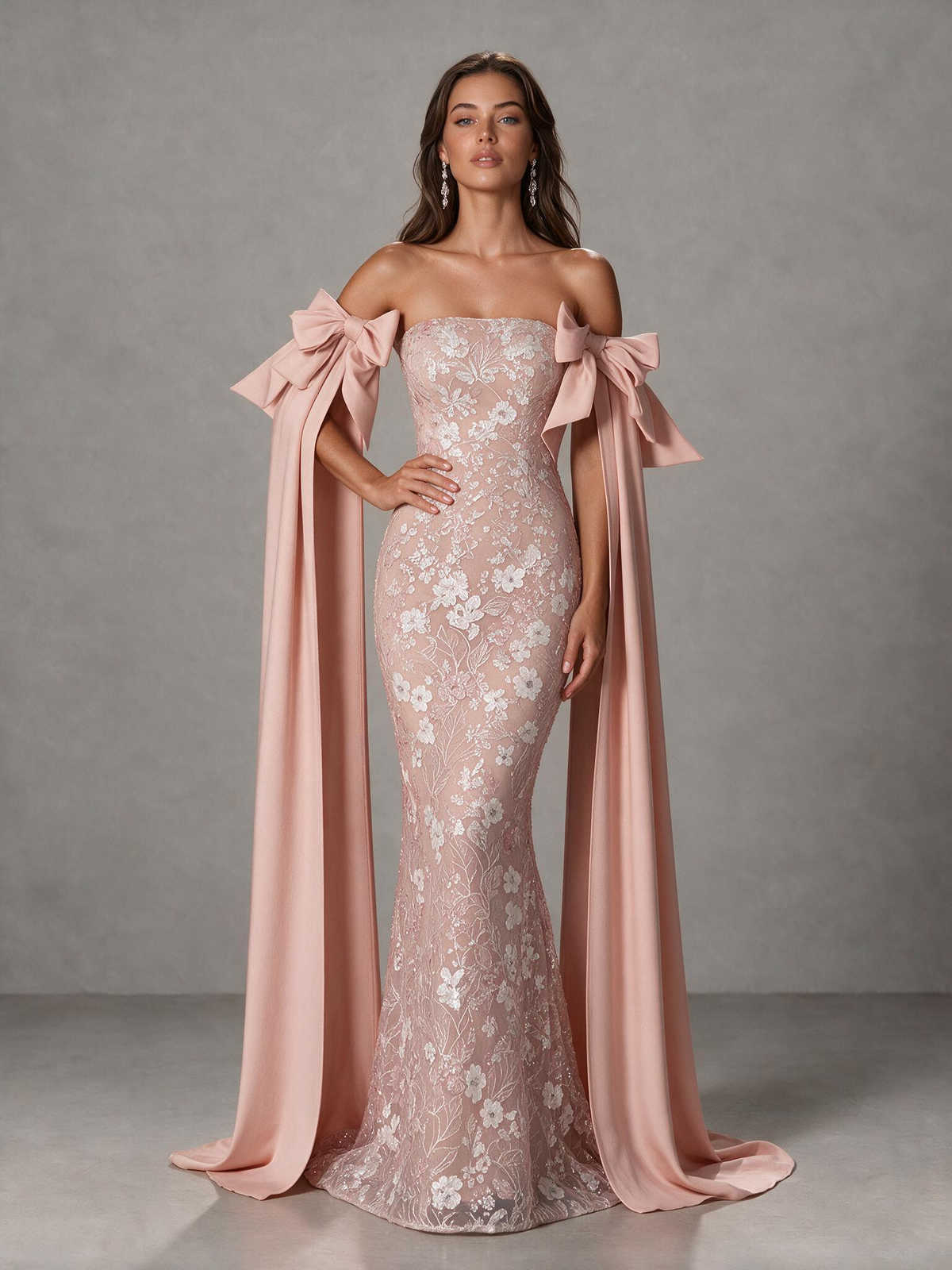 BOLODOO Blush Pink Floral Lace Mermaid Prom Dress with Off-Shoulder Bows 