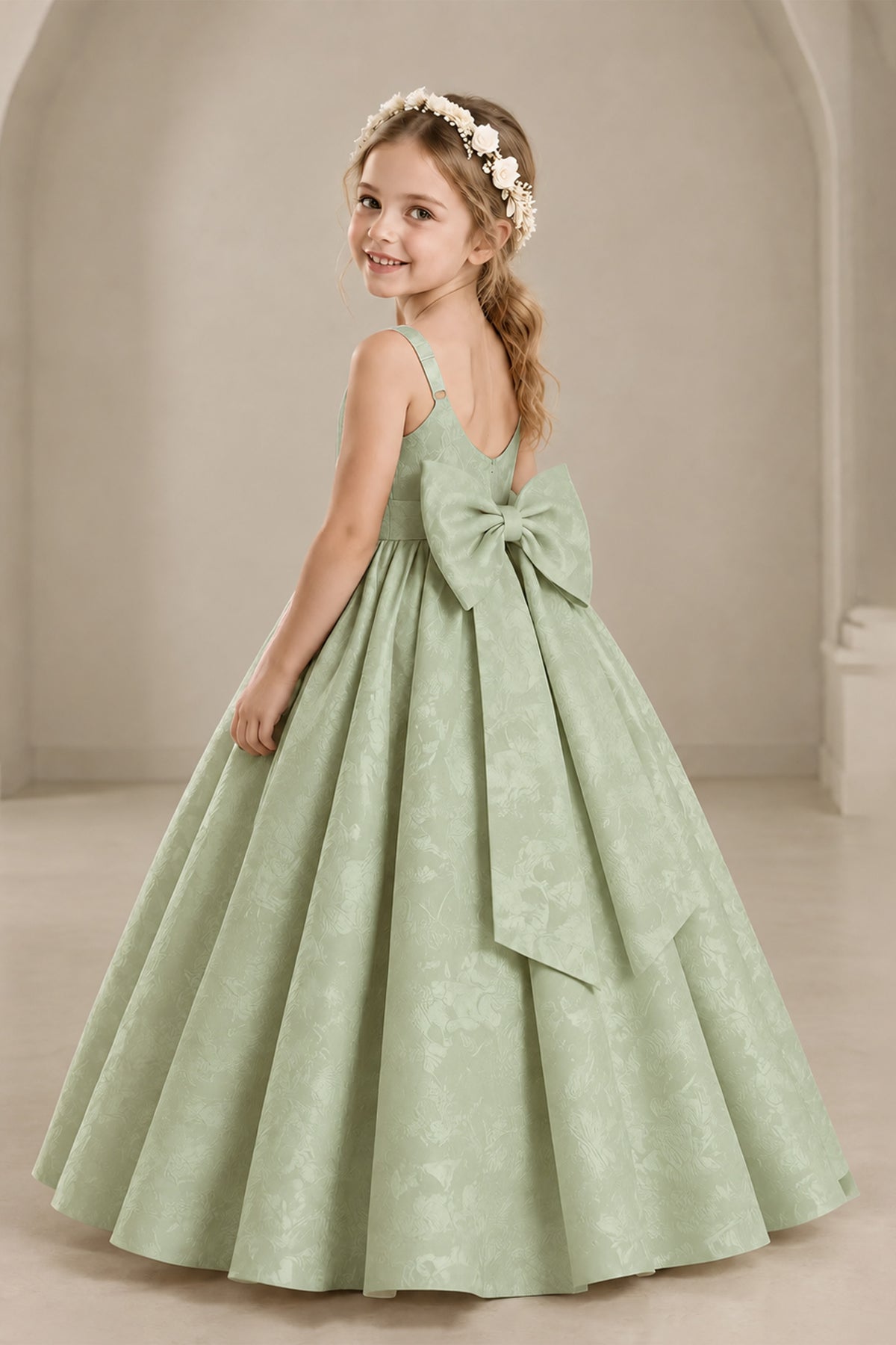BOLODOO Sage Girls' A-Line Flower Girl Dress with Back Bow - Sage