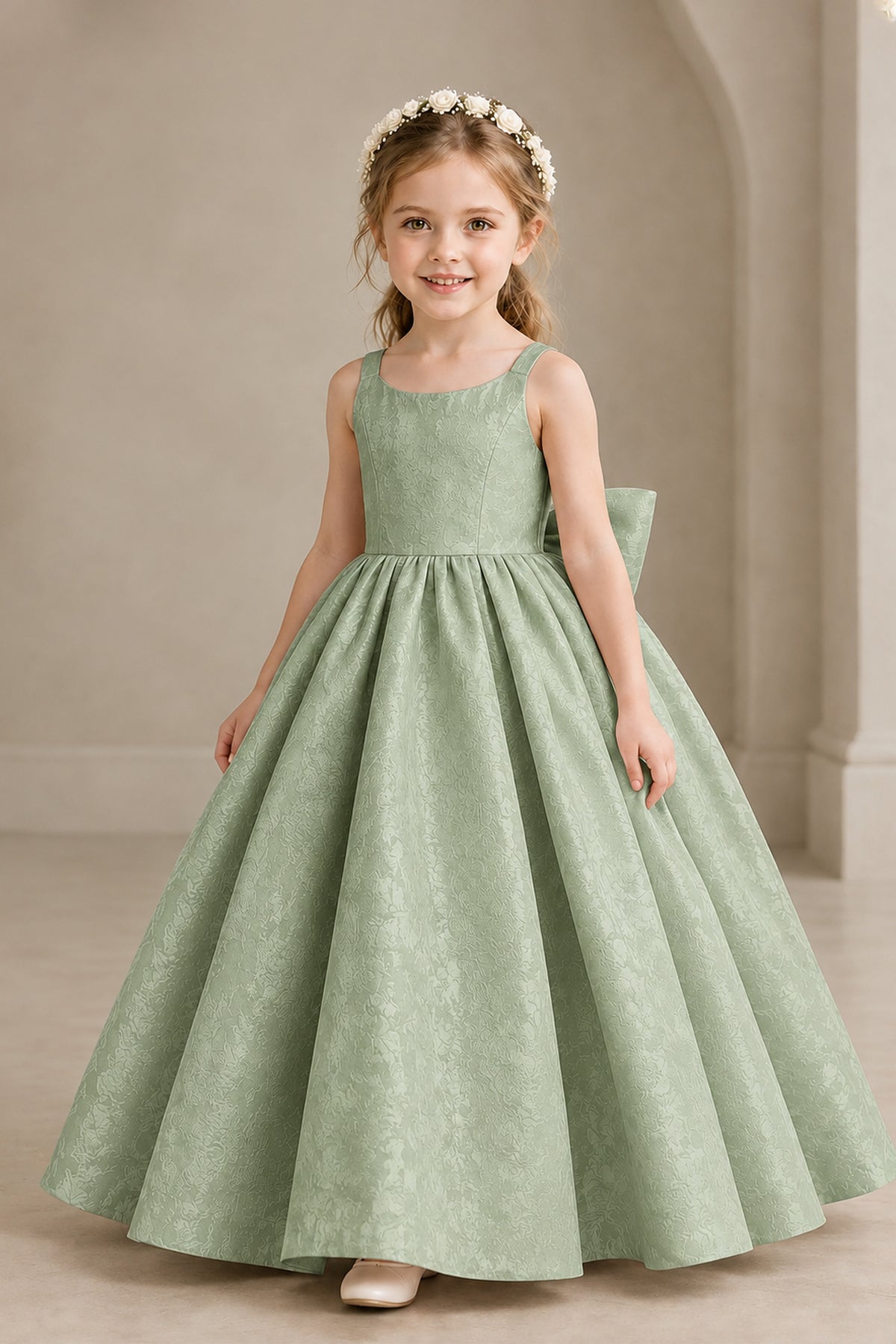 BOLODOO Sage Girls' A-Line Flower Girl Dress with Back Bow - Sage