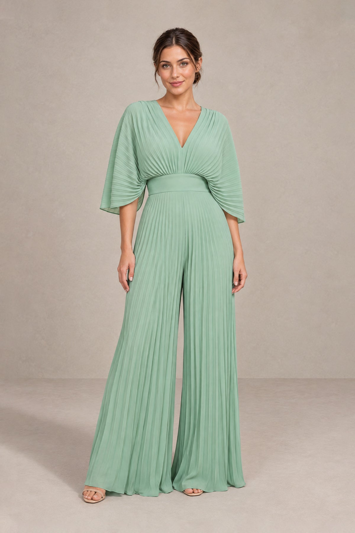 BOLODOO Sage Green Pleated Wide-Leg Mother of Bride Pantsuit with V-Neck Chiffon Maxi Gown 