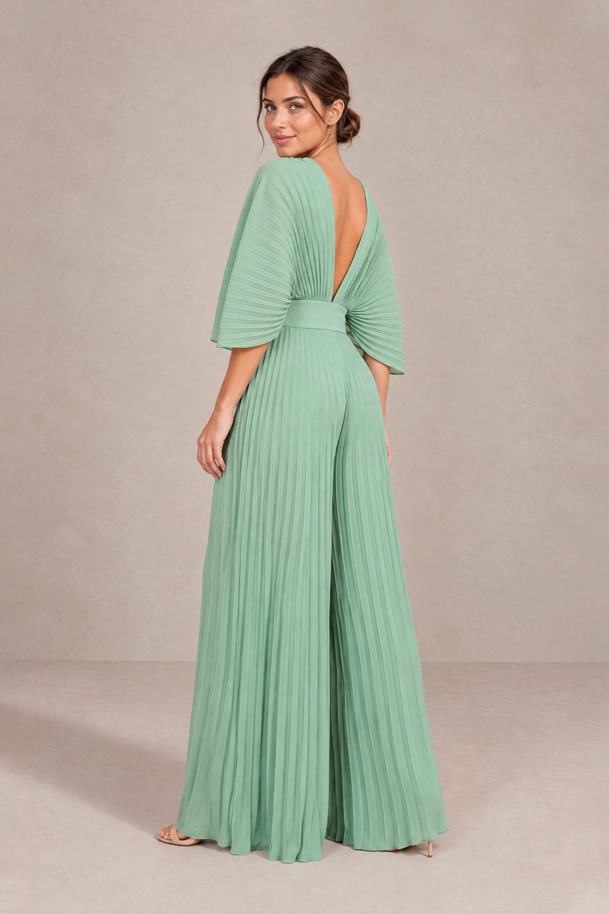 BOLODOO Sage Green Pleated Wide-Leg Mother of Bride Pantsuit with V-Neck Chiffon Maxi Gown 