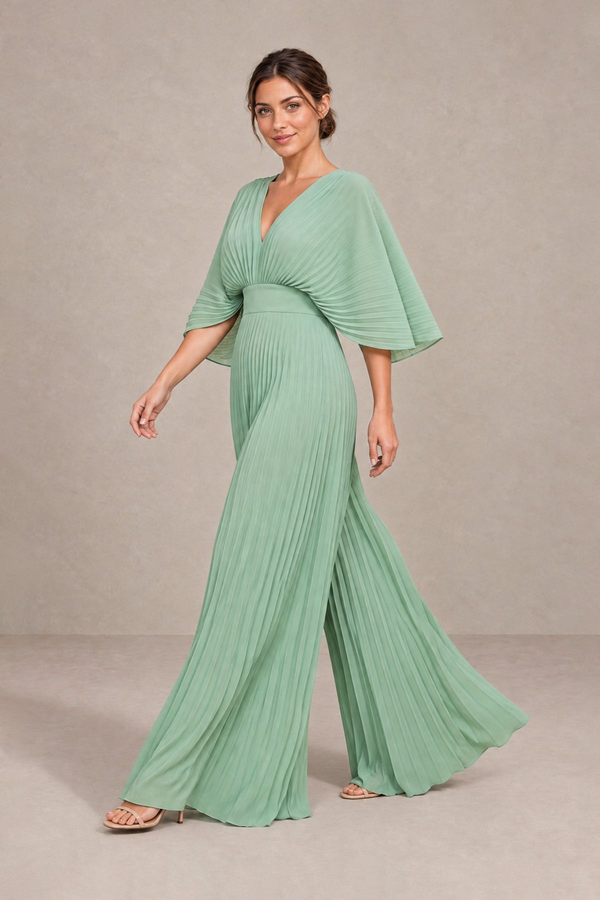 BOLODOO Sage Green Pleated Wide-Leg Mother of Bride Pantsuit with V-Neck Chiffon Maxi Gown 