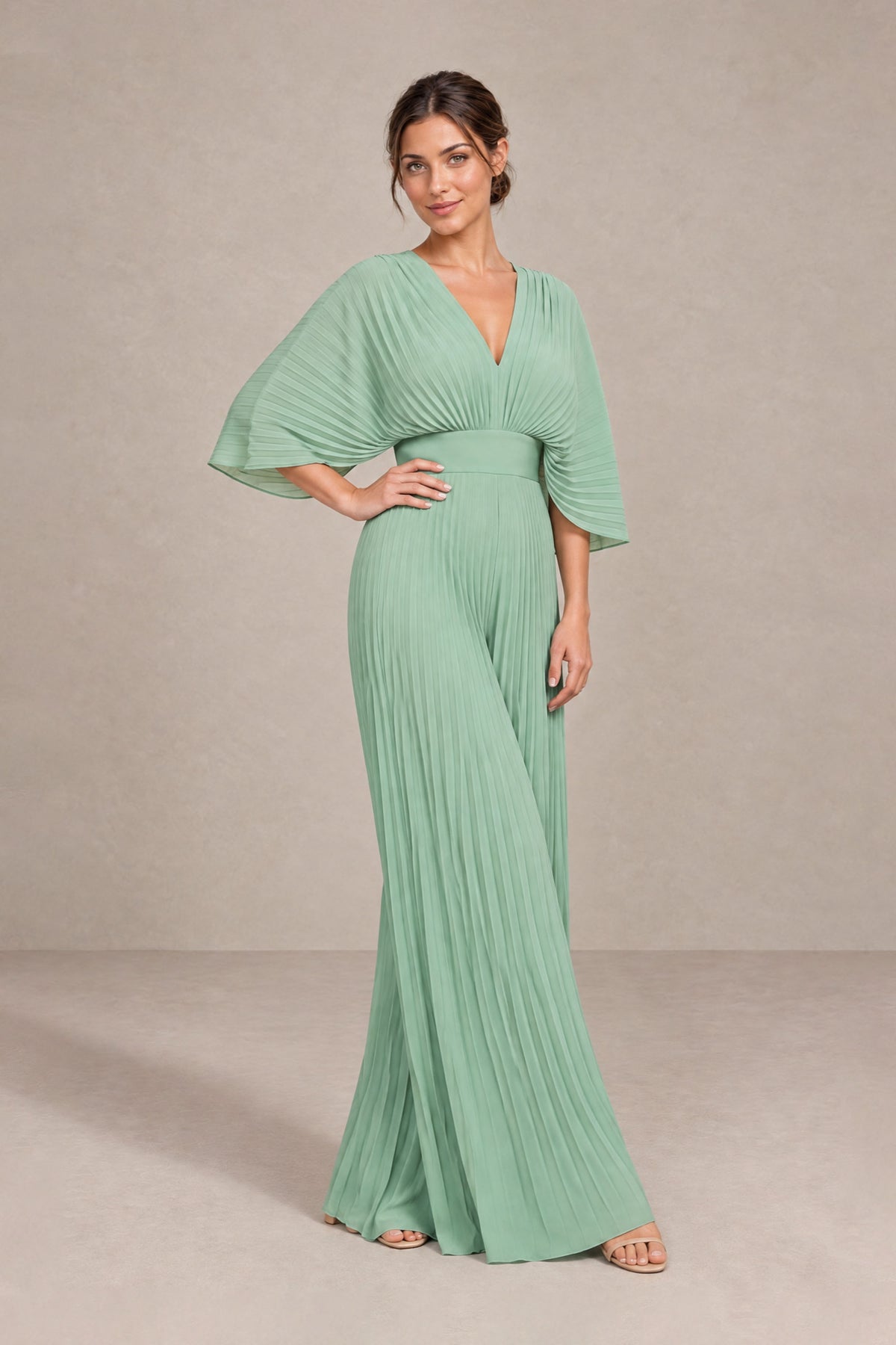 BOLODOO Sage Green Pleated Wide-Leg Mother of Bride Pantsuit with V-Neck Chiffon Maxi Gown 