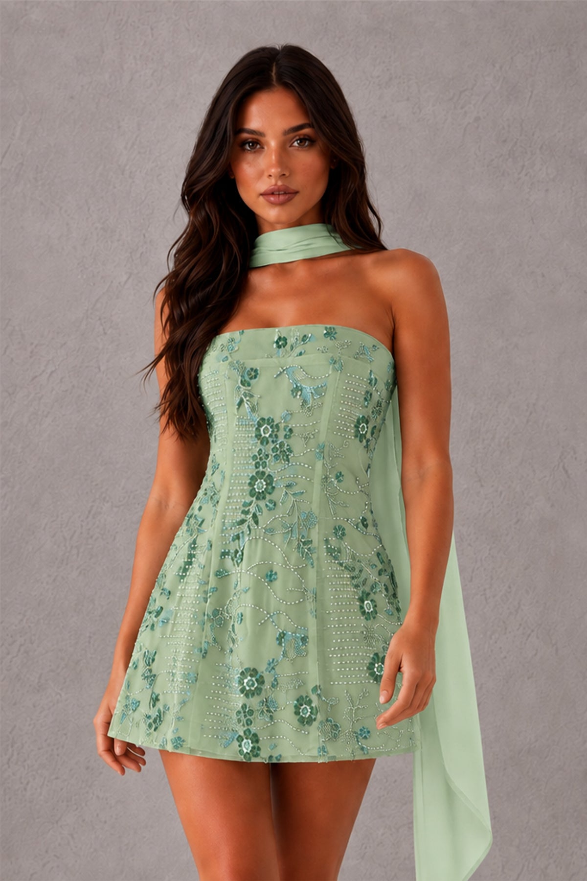 BOLODOO Sage Green Strapless Sequin Floral Embroidered Mini Dress with Detachable Chiffon Neck Scarf 