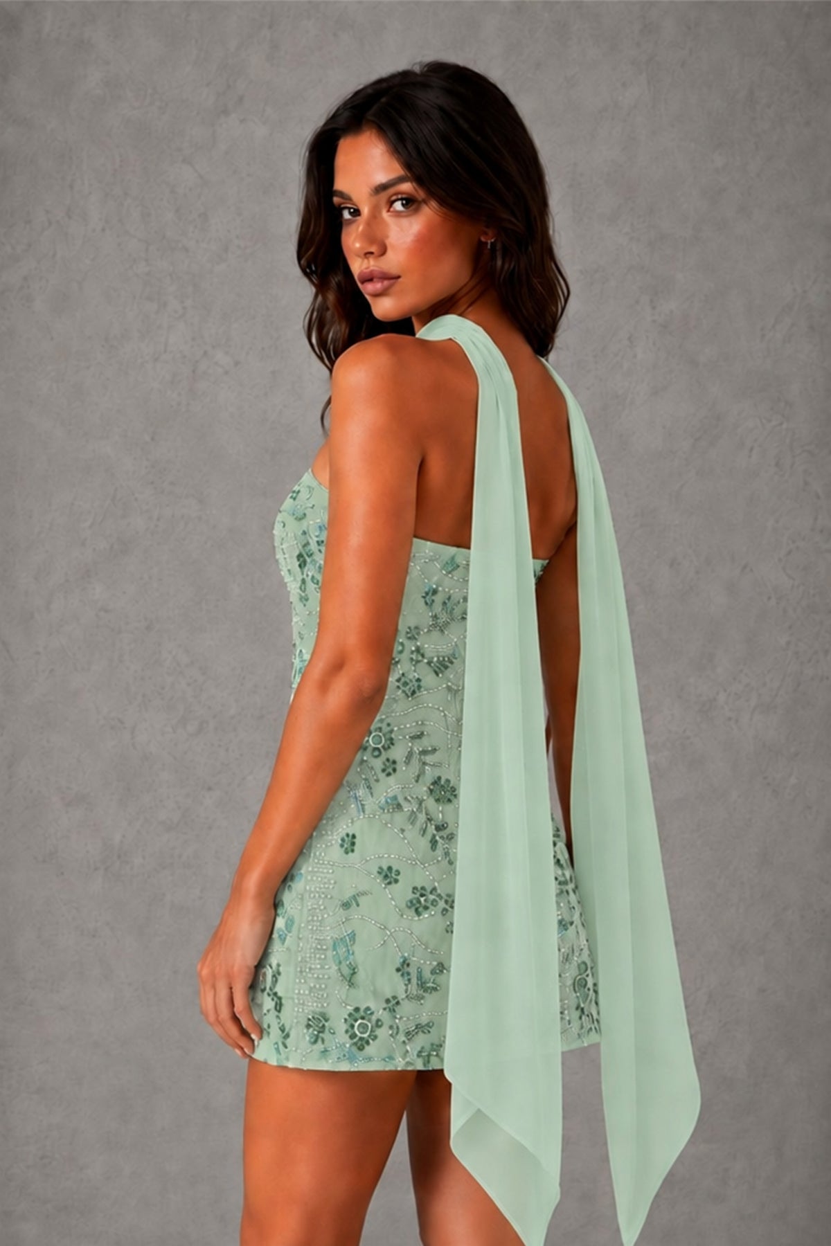 BOLODOO Sage Green Strapless Sequin Floral Embroidered Mini Dress with Detachable Chiffon Neck Scarf 
