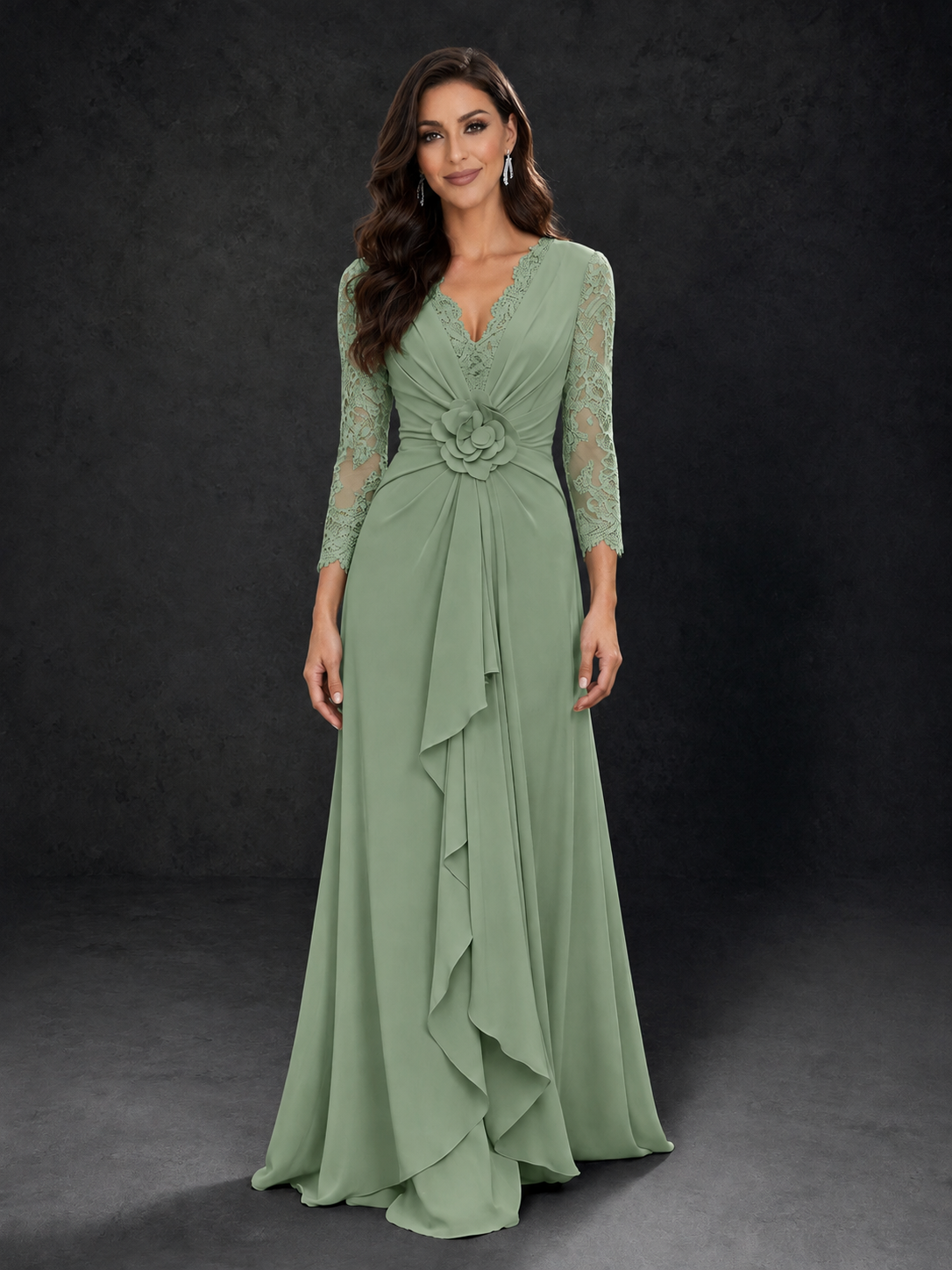 BOLODOO Sage Green Lace Sleeve V-Neck Floral Waist Chiffon A-Line Maxi Dress 
