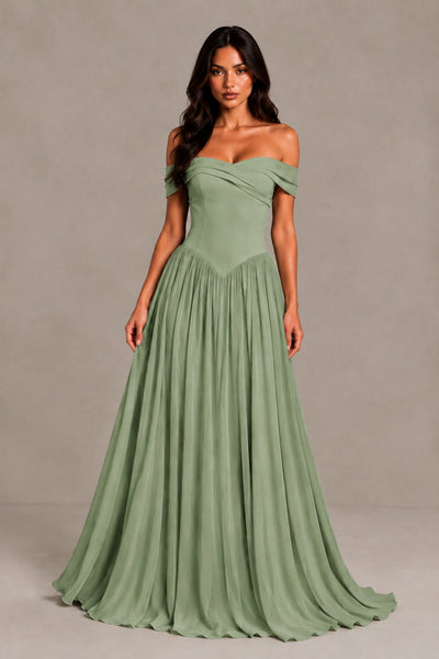 BOLODOO Sage Green Off-Shoulder Sweetheart Corset Pleated Chiffon Maxi Dress 