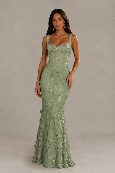 BOLODOO Sage Green Sequin 3D Floral Mermaid Maxi Gown – Lace-Up Back Formal Dress 