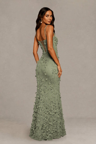 BOLODOO Sage Green Sequin 3D Floral Mermaid Maxi Gown – Lace-Up Back Formal Dress 