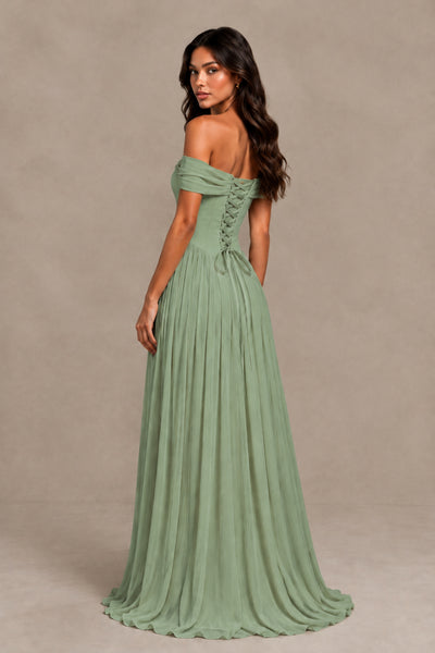 BOLODOO Sage Green Off-Shoulder Sweetheart Corset Pleated Chiffon Maxi Dress 