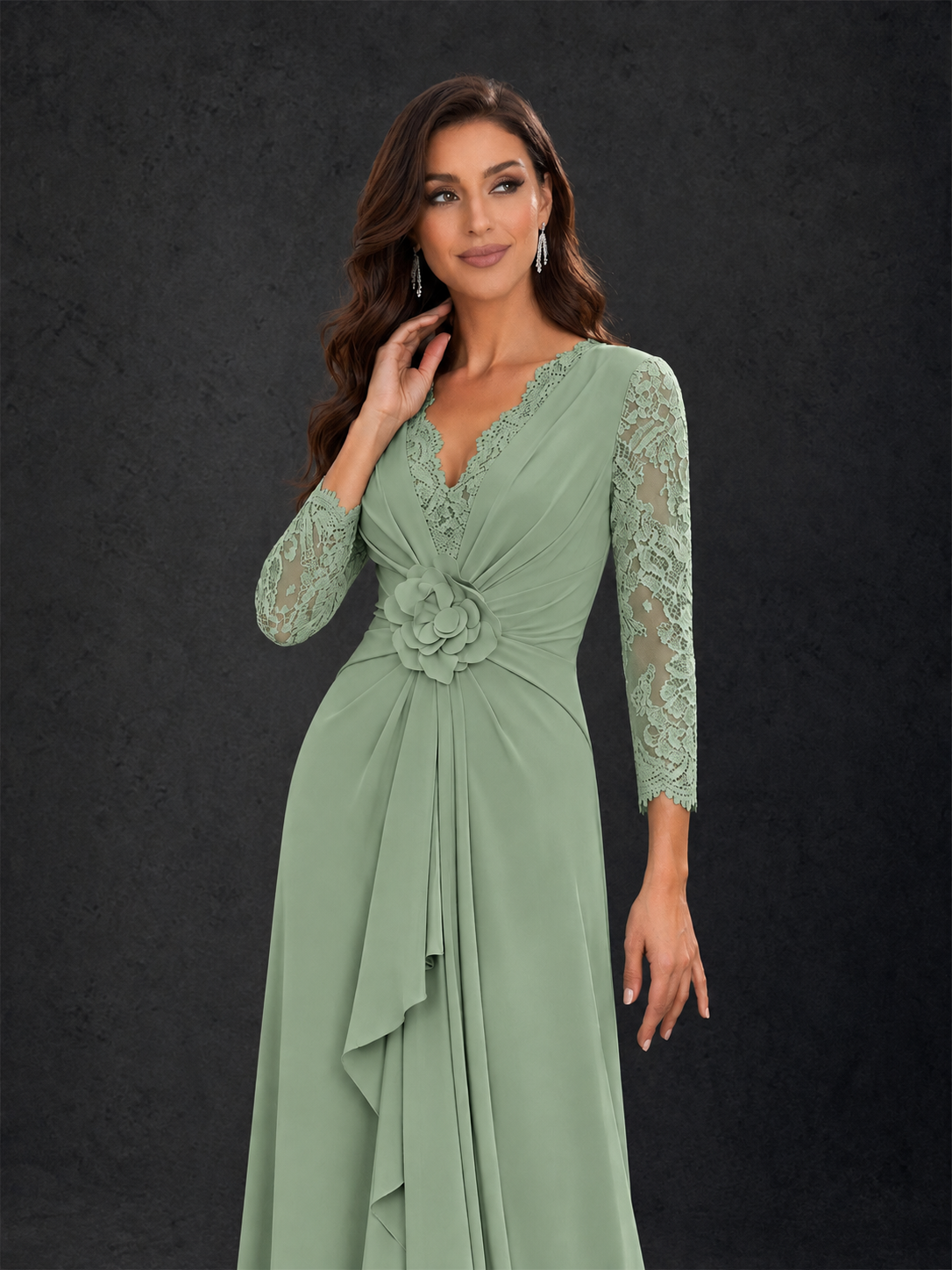 BOLODOO Sage Green Lace Sleeve V-Neck Floral Waist Chiffon A-Line Maxi Dress 