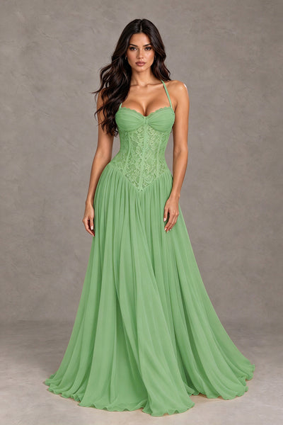BOLODOO Sage Green Lace Corset Halter Maxi Gown – Backless A-Line Formal Dress 