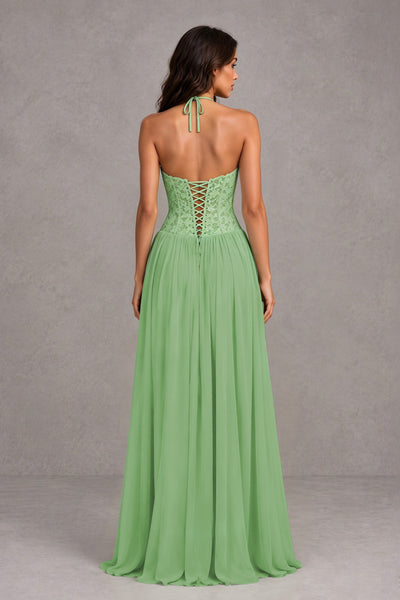 BOLODOO Sage Green Lace Corset Halter Maxi Gown – Backless A-Line Formal Dress 