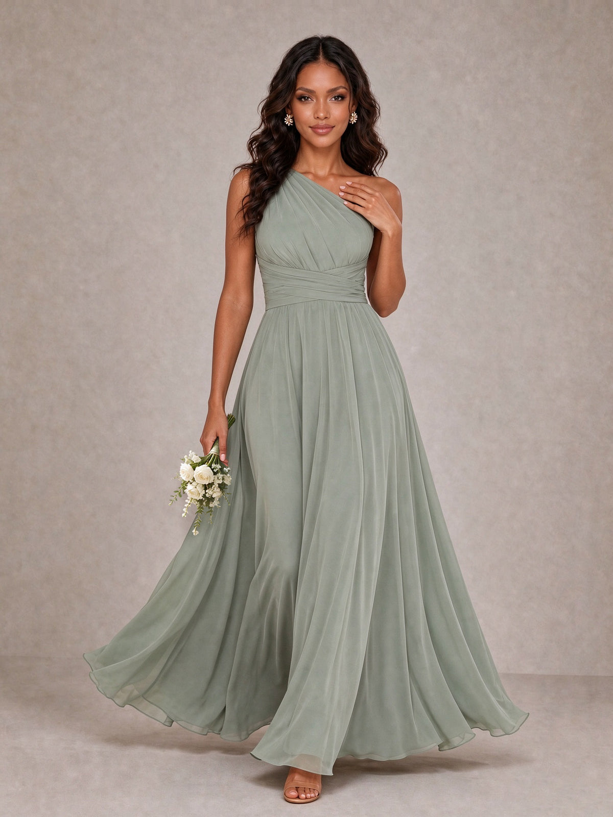 BOLODOO Sage Green One-Shoulder A-Line Bridesmaid Dress 