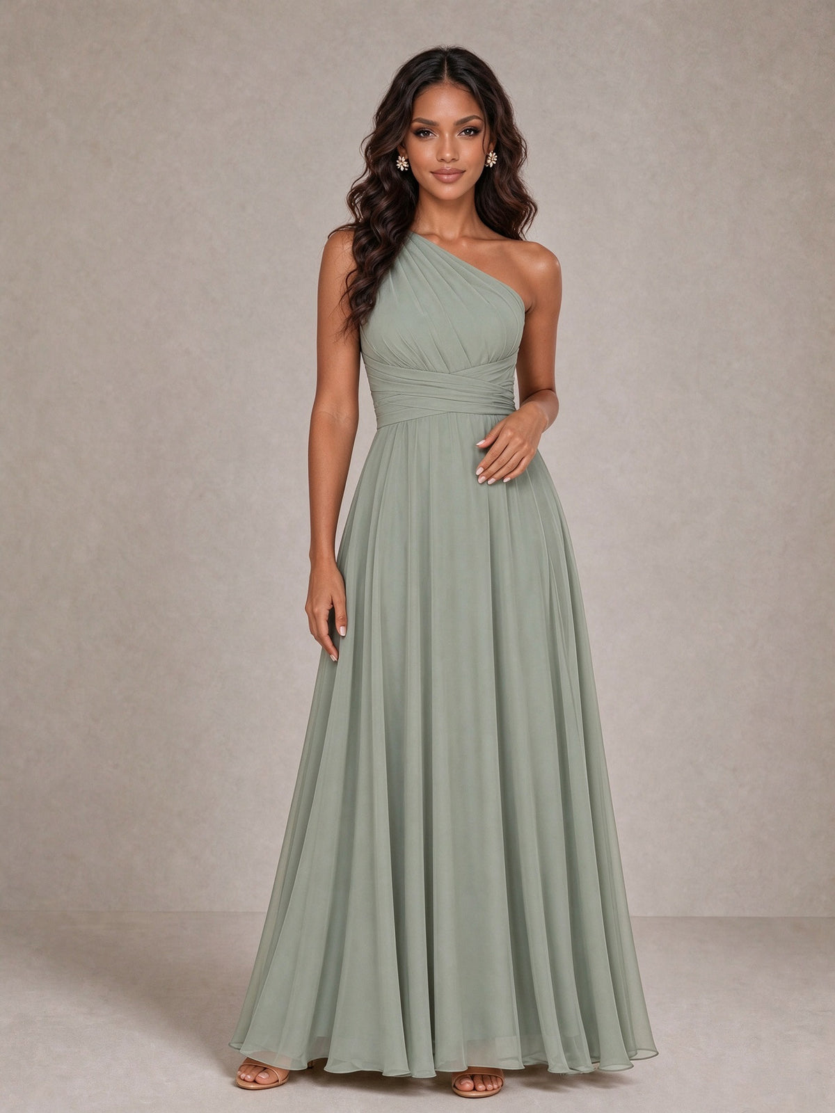 BOLODOO Sage Green One-Shoulder A-Line Bridesmaid Dress 