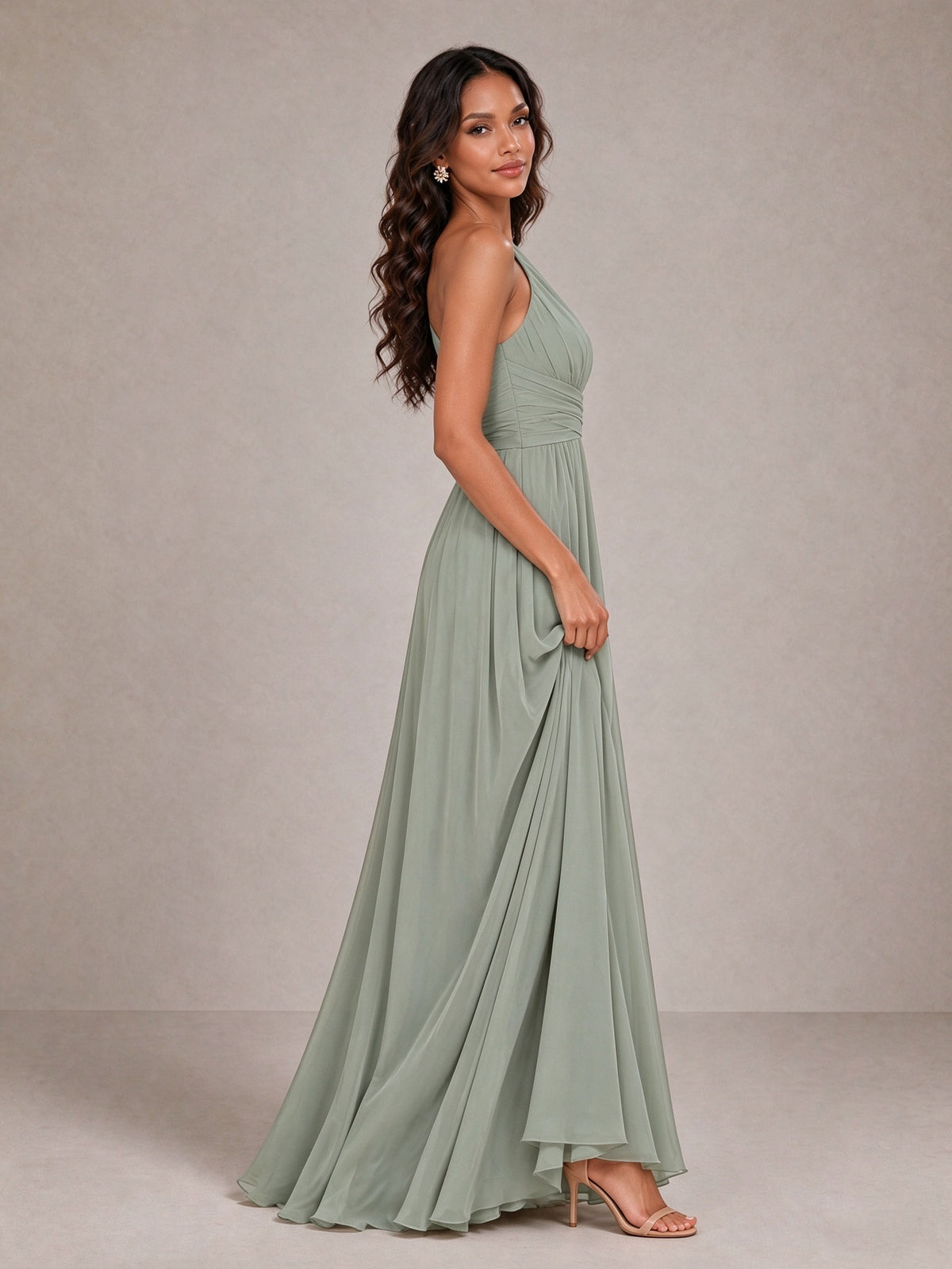 BOLODOO Sage Green One-Shoulder A-Line Bridesmaid Dress 