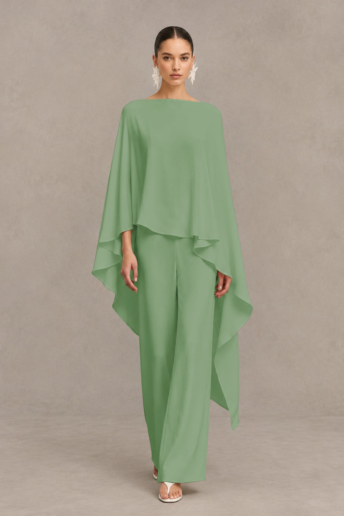 BOLODOO Sage Green Cape Sleeve Wide-Leg Formal Pantsuit - Sage Green - Sage Green_01