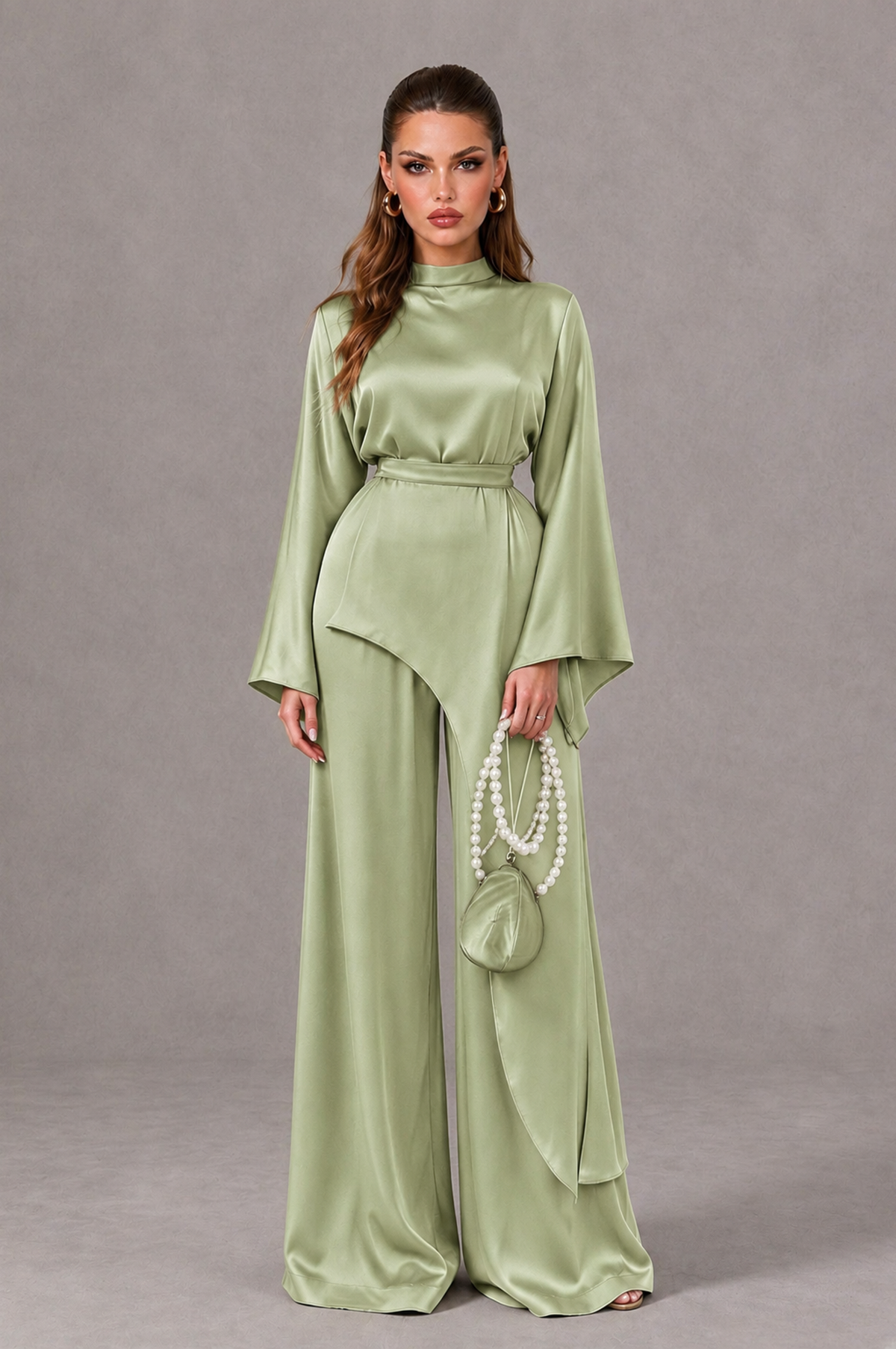 BOLODOO Sage Green Satin-Look Long Sleeve Wide-Leg Jumpsuit - Sage Green - Sage Green_01