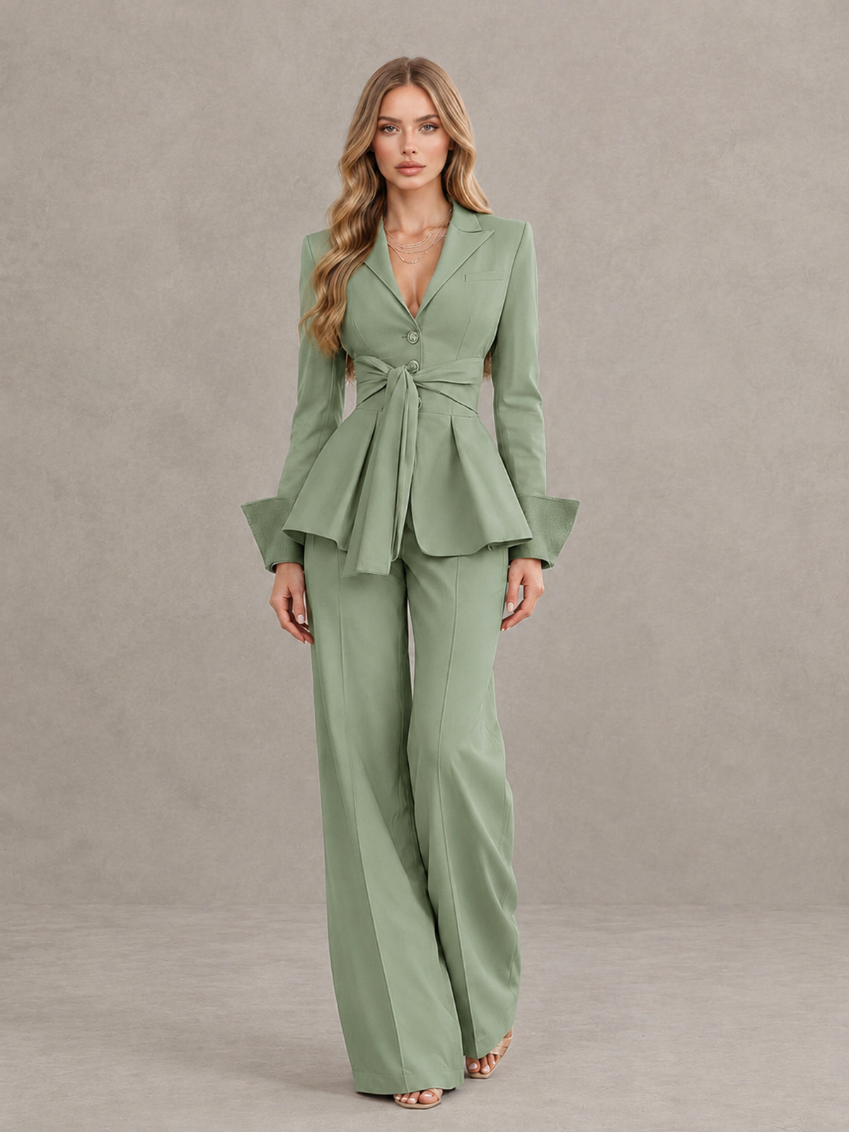 BOLODOO Sage Green Belted Peplum Pantsuit with Long Sleeves & Wide-Leg Trousers - Sage Green - Sage Green_01