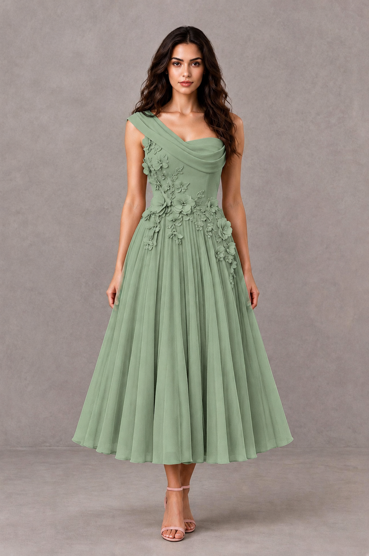 BOLODOO Sage Green One-Shoulder Floral Tulle Tea-Length Dress - Sage Green - Sage Green_01