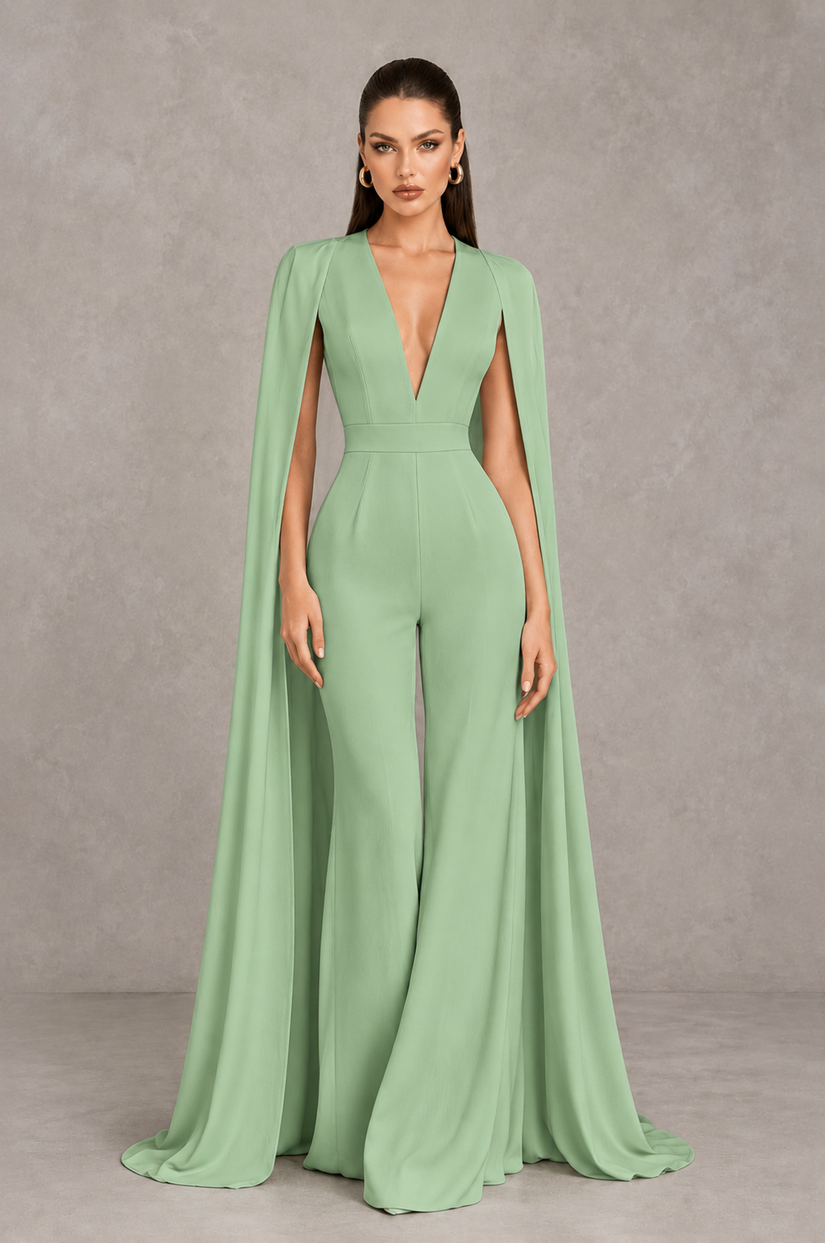 BOLODOO Sage Green Deep V-Neck Cape Sleeve Bridal Jumpsuit - Sage Green - Sage Green_01
