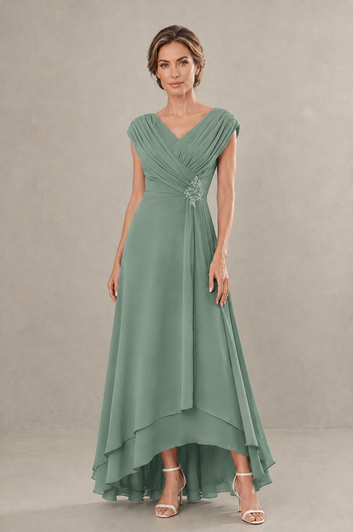 BOLODOO Sage Green V-Neck High-Low Mother of the Bride Dress - Sage Green - Sage Green_01