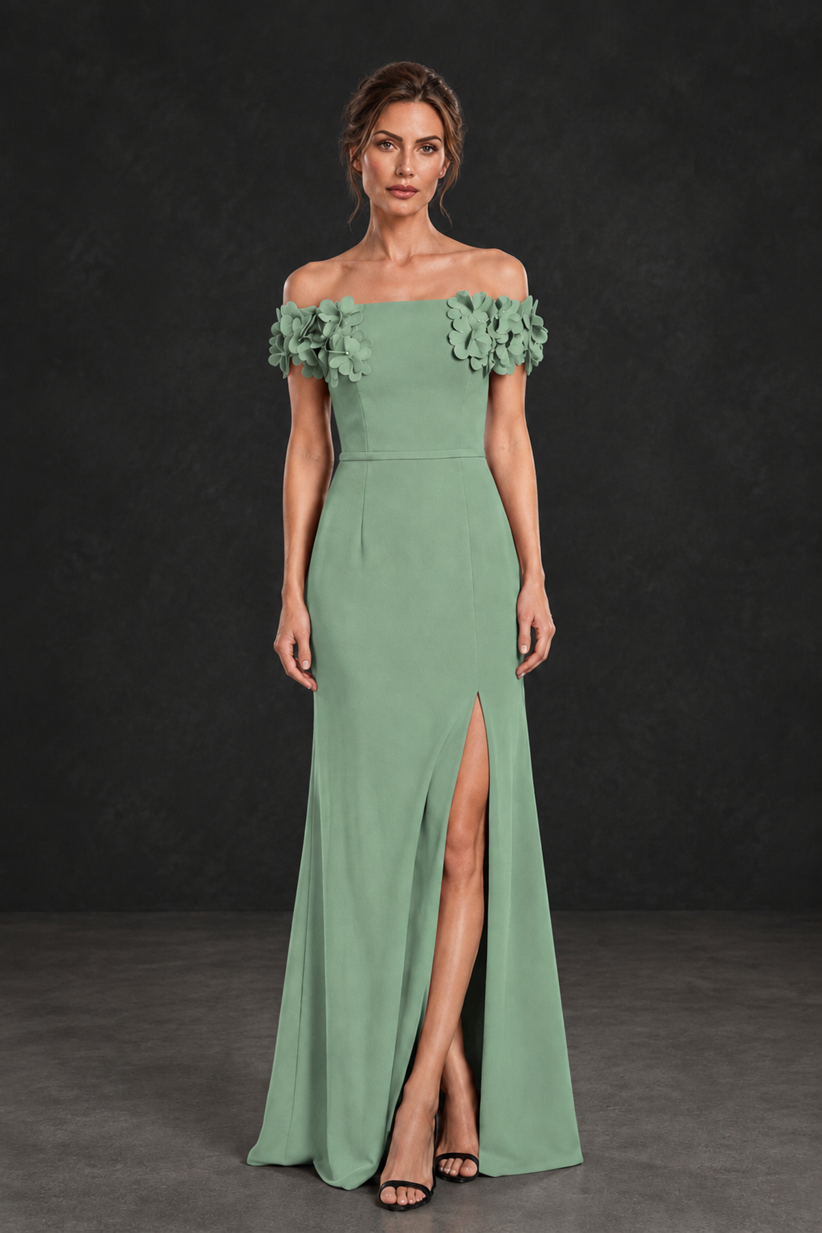 BOLODOO Sage Green Off-the-Shoulder Mother of the Bride Dress with Floral Appliques - Sage Green - Sage Green_01