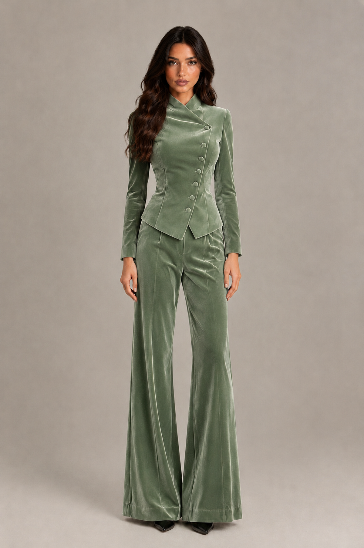 BOLODOO Sage Green Velvet Two-Piece Pantsuit with Long Sleeve Blazer & Wide-Leg Trousers - Sage Green - Sage Green_01