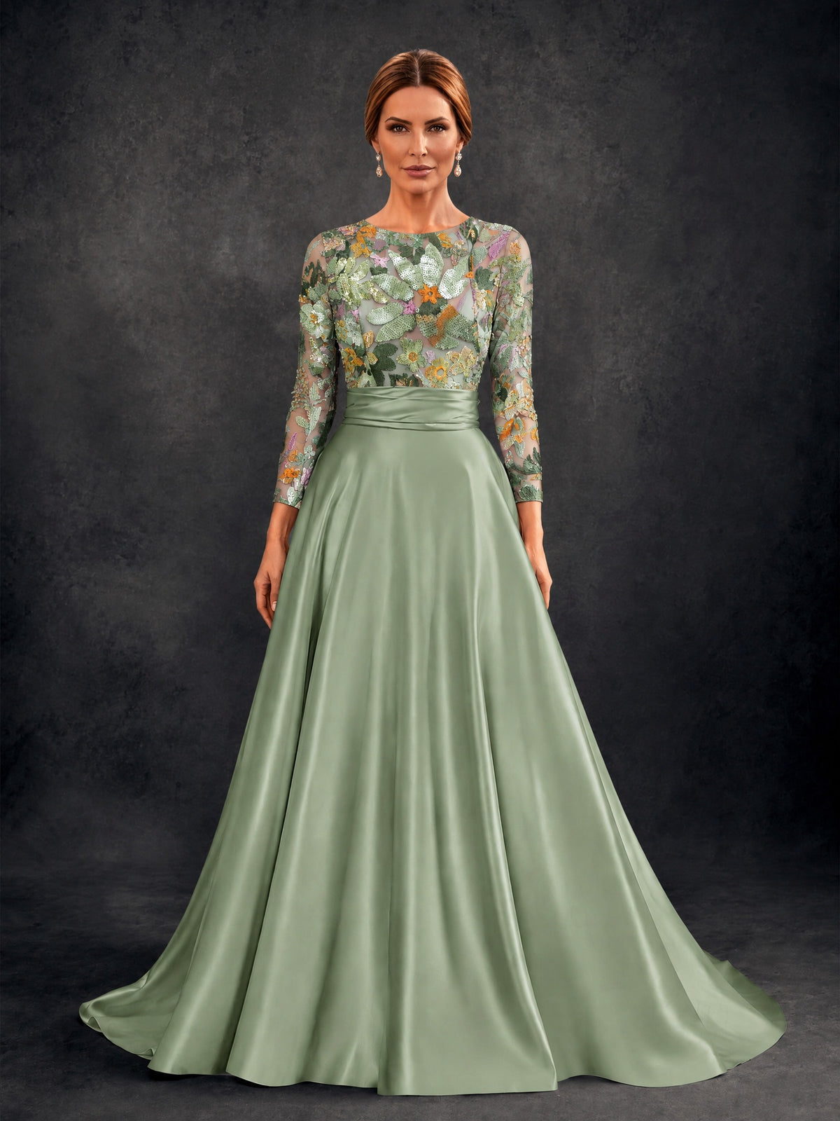 BOLODOO Sage Green 3/4 Sleeve Sequin Floral Illusion Bodice Satin A-Line Formal Gown - Sage Green - Sage Green_01
