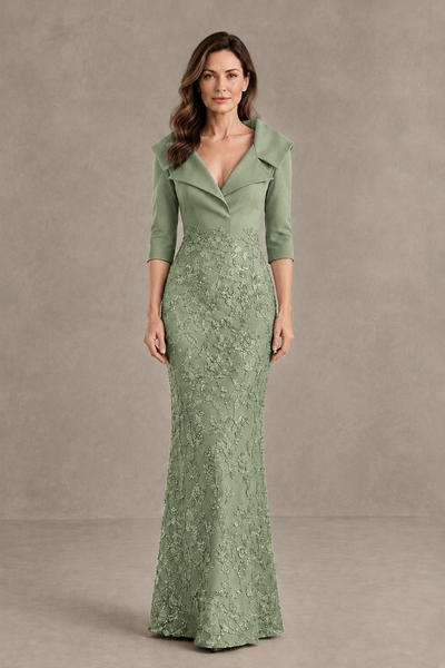 BOLODOO Sage Green Three-Quarter Sleeve Mermaid Evening Dress with Floral Detail - Sage Green - Sage Green_01