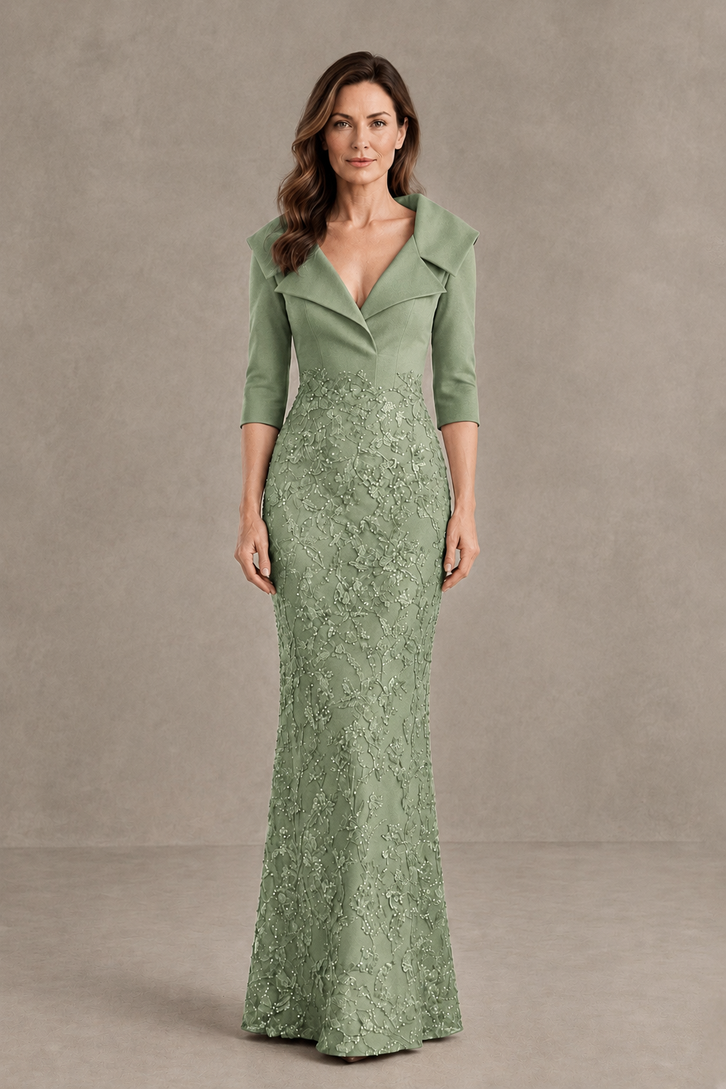 BOLODOO Sage Green Three-Quarter Sleeve Mermaid Evening Dress with Floral Detail - Sage Green - Sage Green_01