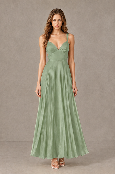 BOLODOO Sage Green V-Neck Pleated Open-Back Maxi Dress - Sage Green - Sage Green_01